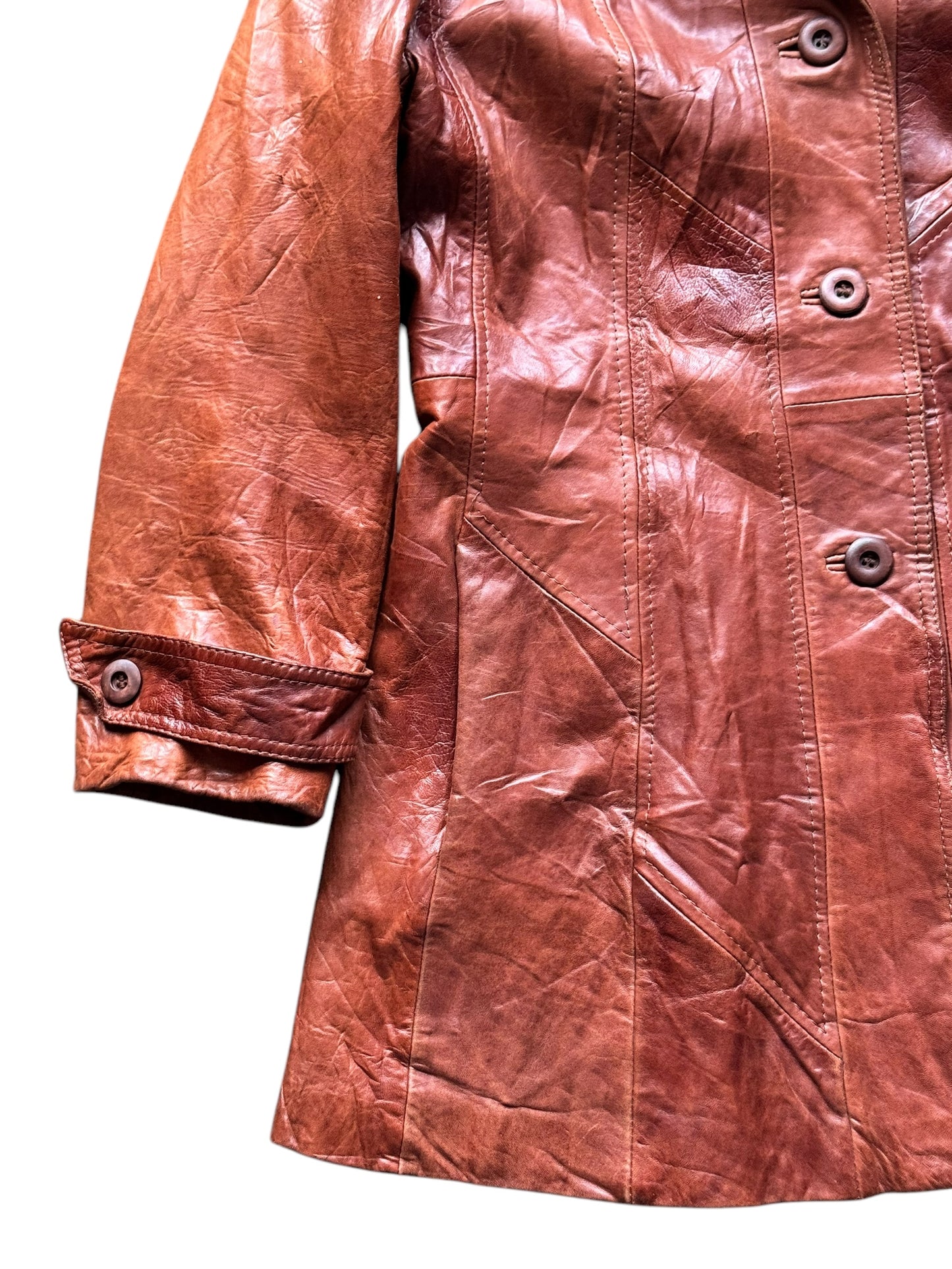 Front lower right side of 1970s Skin Gear Leather Coat L