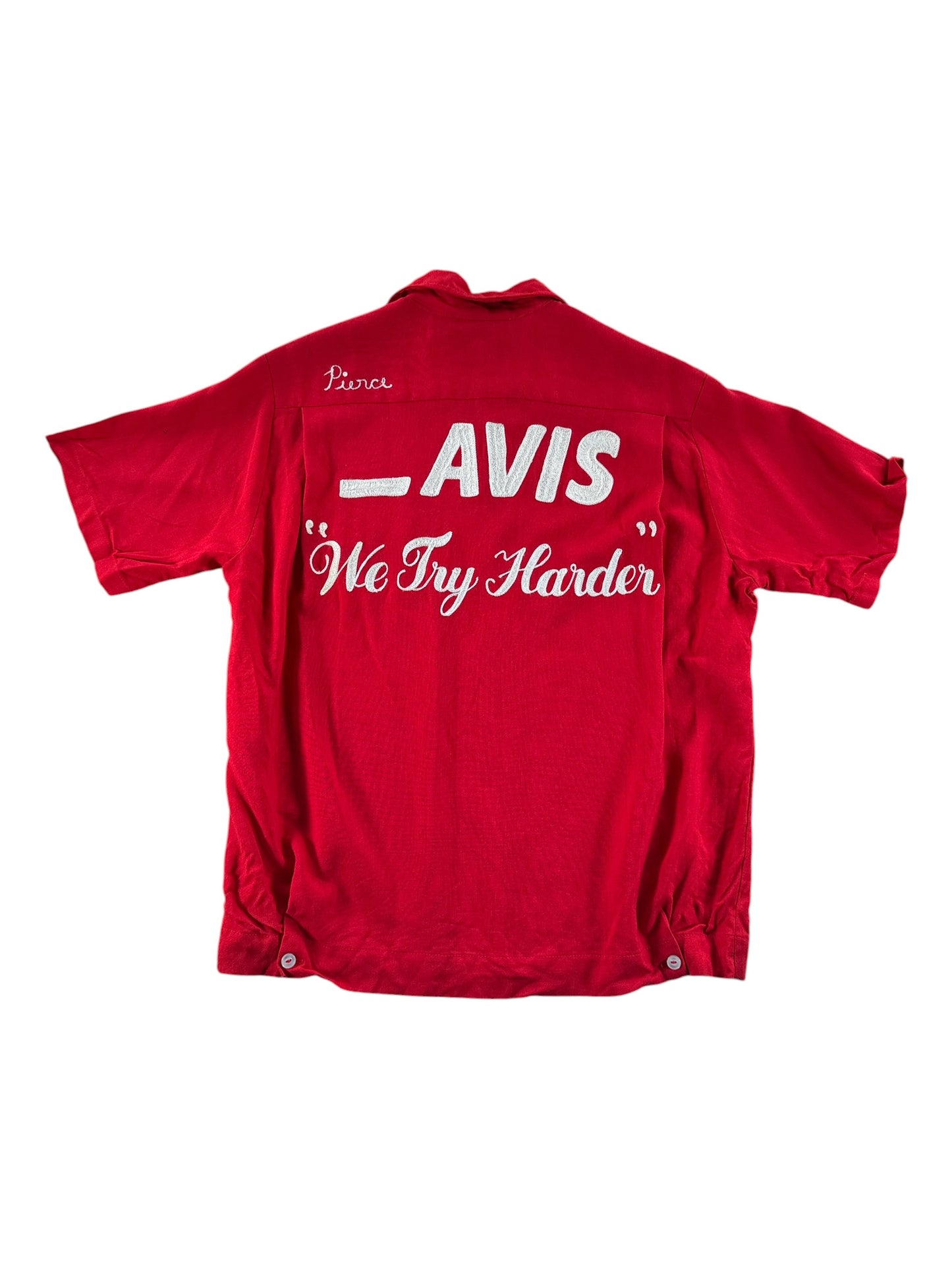 Back of Vintage Avis We Try Harder Chainstitch Bowling Shirt SZ M