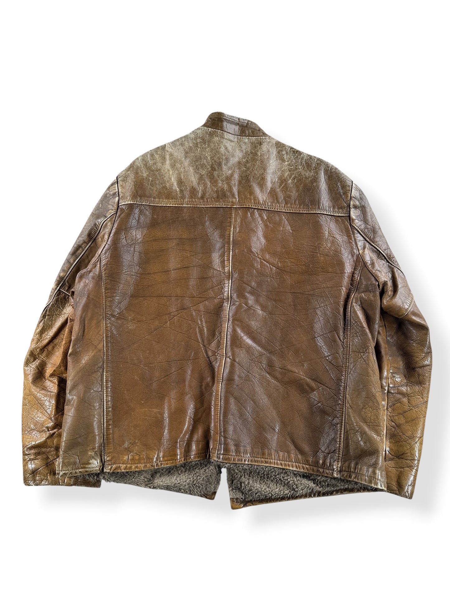 Back of Vintage Great Patina Lined Brown Cafe Racer Jacket SZ L