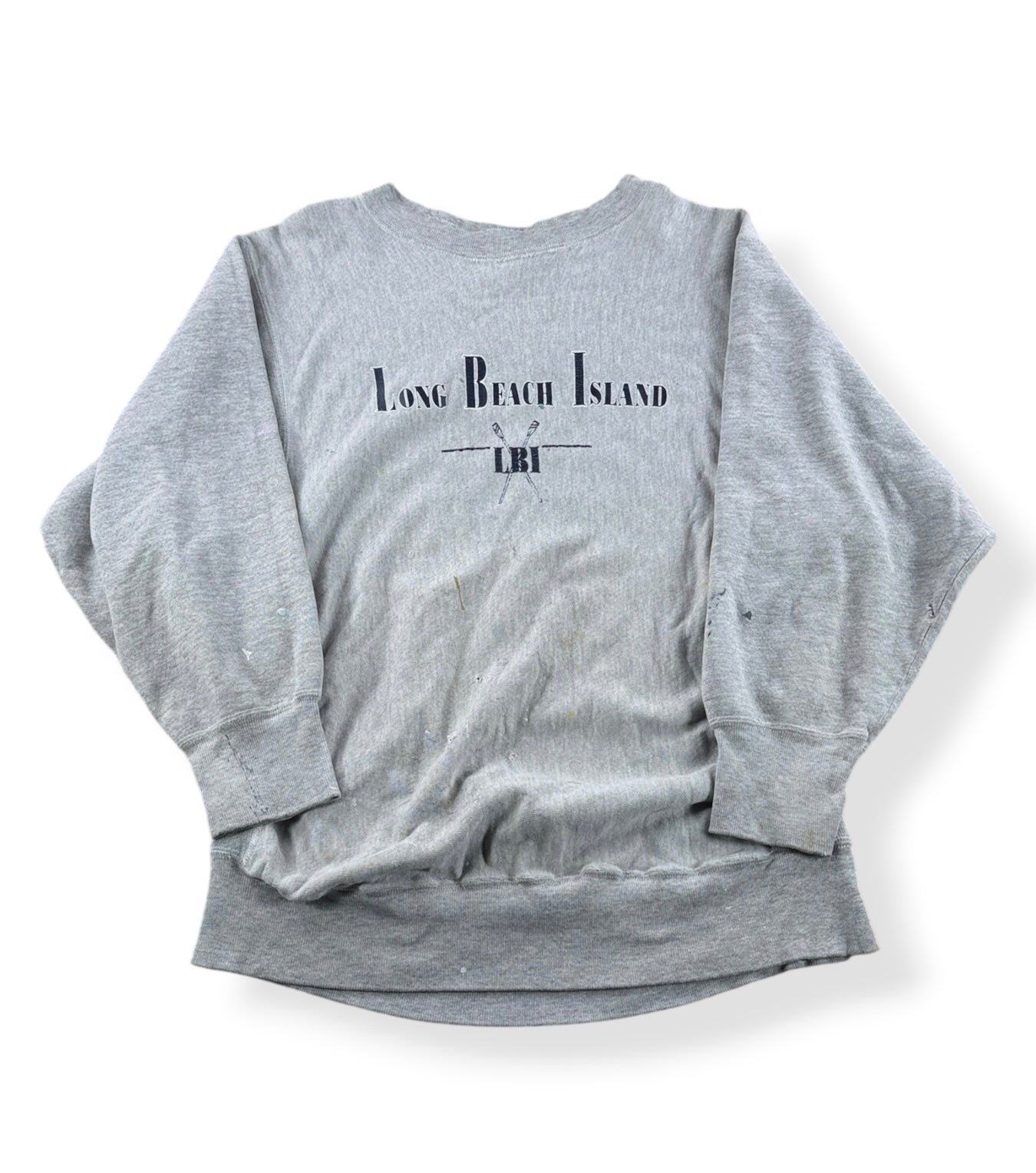 Front of Vintage Long Beach Island Paint Splattered Reverse Weave Crewneck SZ L