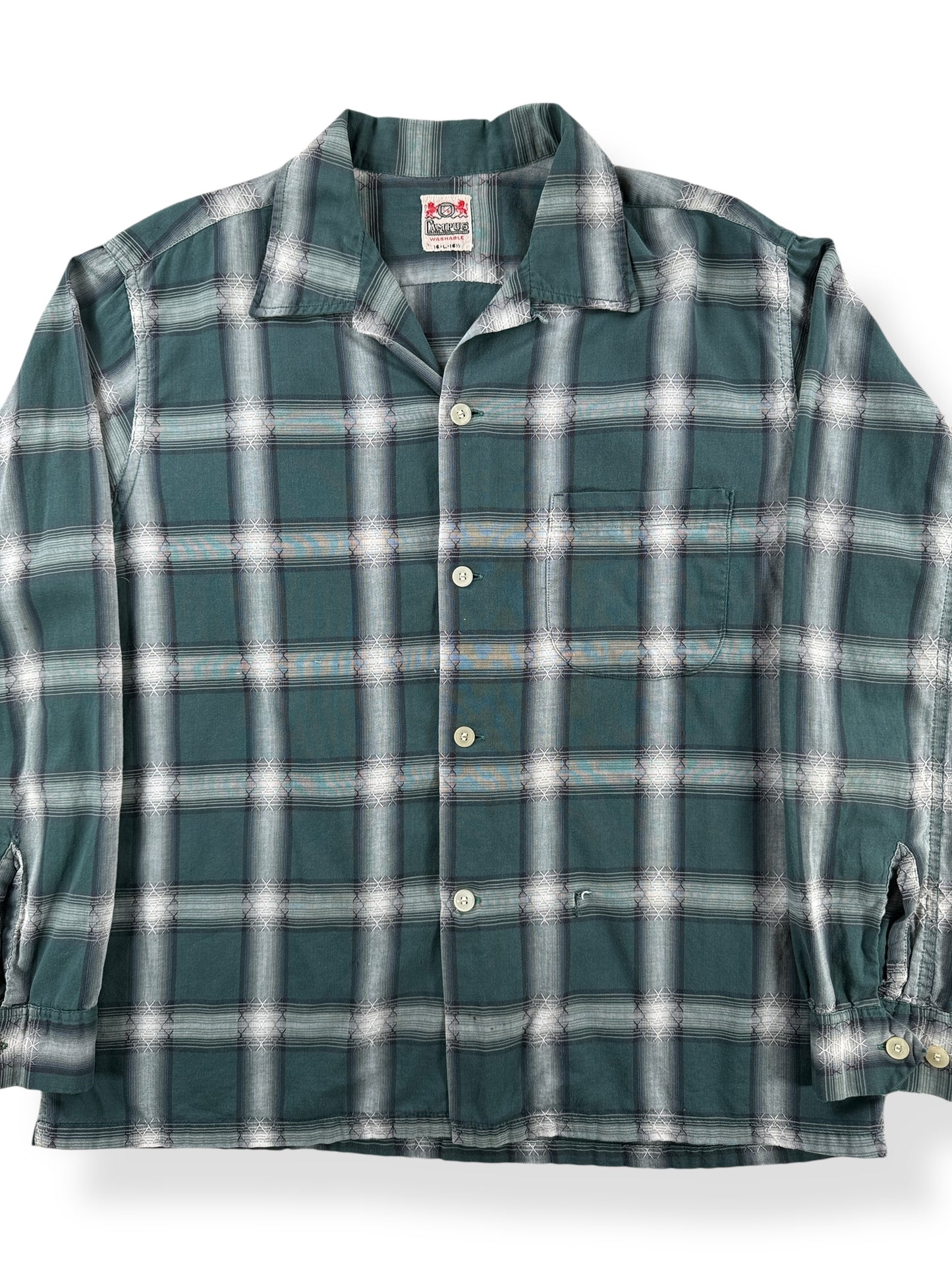 Front Close Up of Vintage Campus Long Sleeve Loop Collar Shirt SZ L