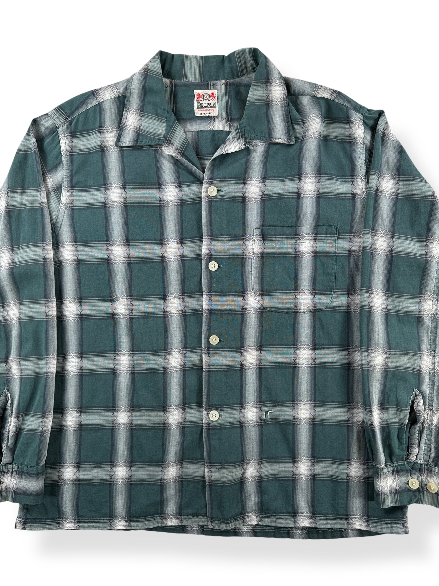 Front Close Up of Vintage Campus Long Sleeve Loop Collar Shirt SZ L