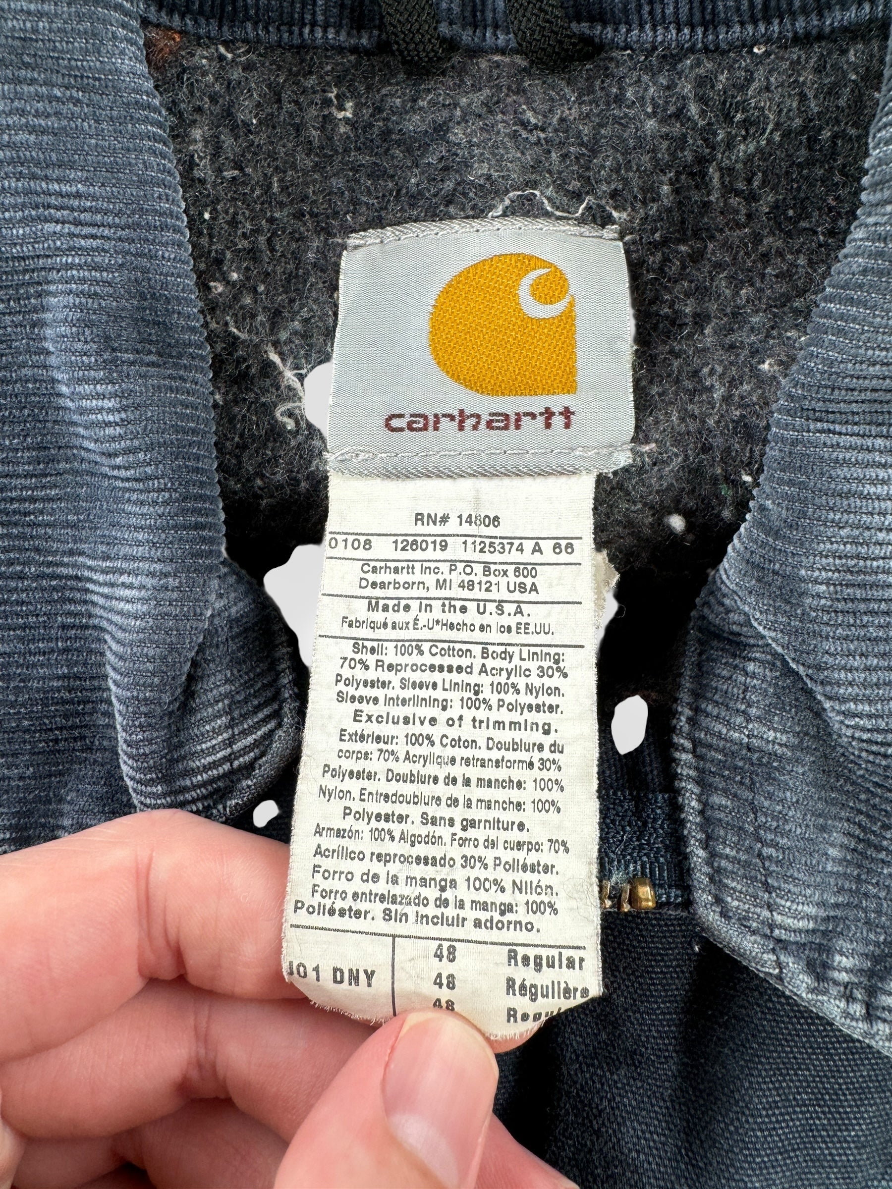 Label on Vintage ProBuild Carhartt Detroit Jacket SZ 48