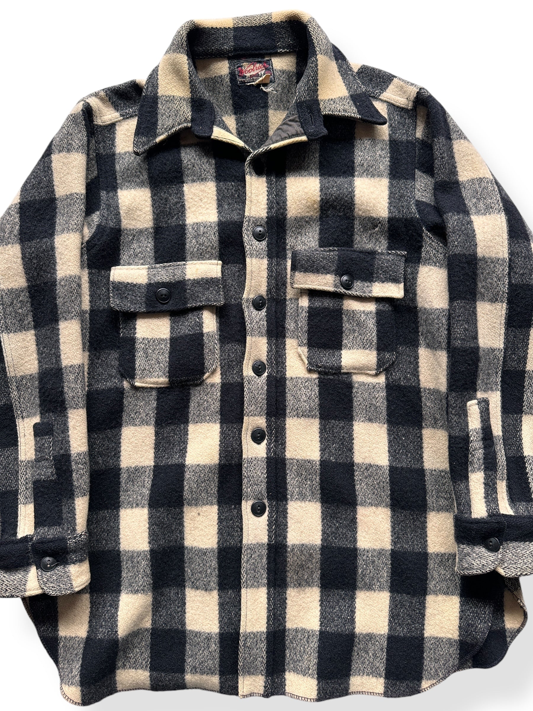 Front Close Up of 40s Era Vintage Woolrich Black & White Wool Coat SZ L