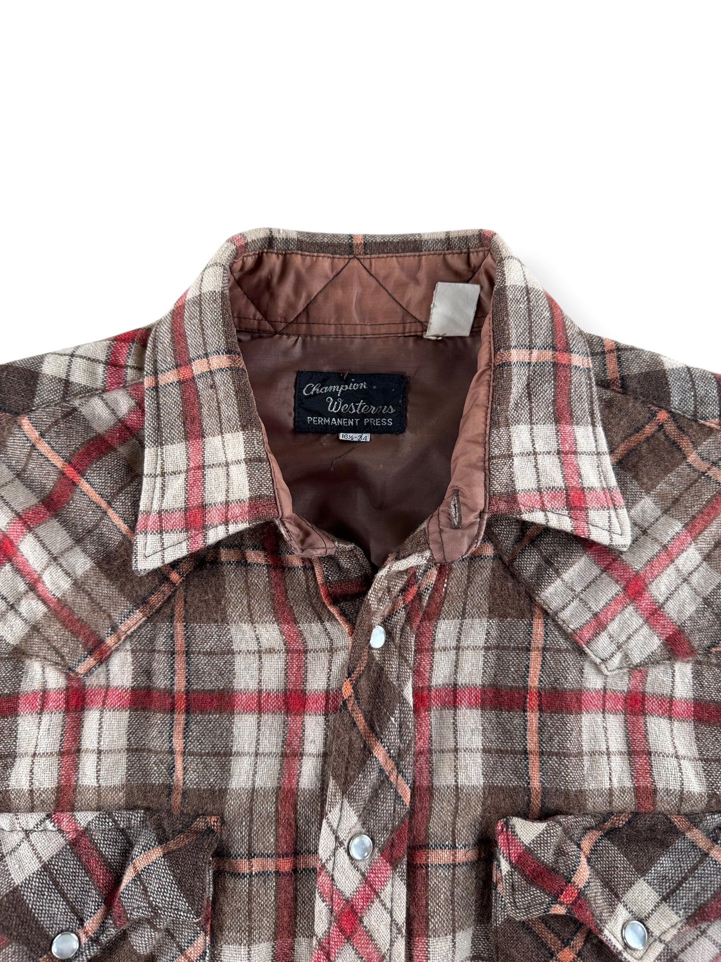 Collar on Vintage Champion Westerns Wool Flannel Pearlsnap SZ 16 1/2 - AS IS