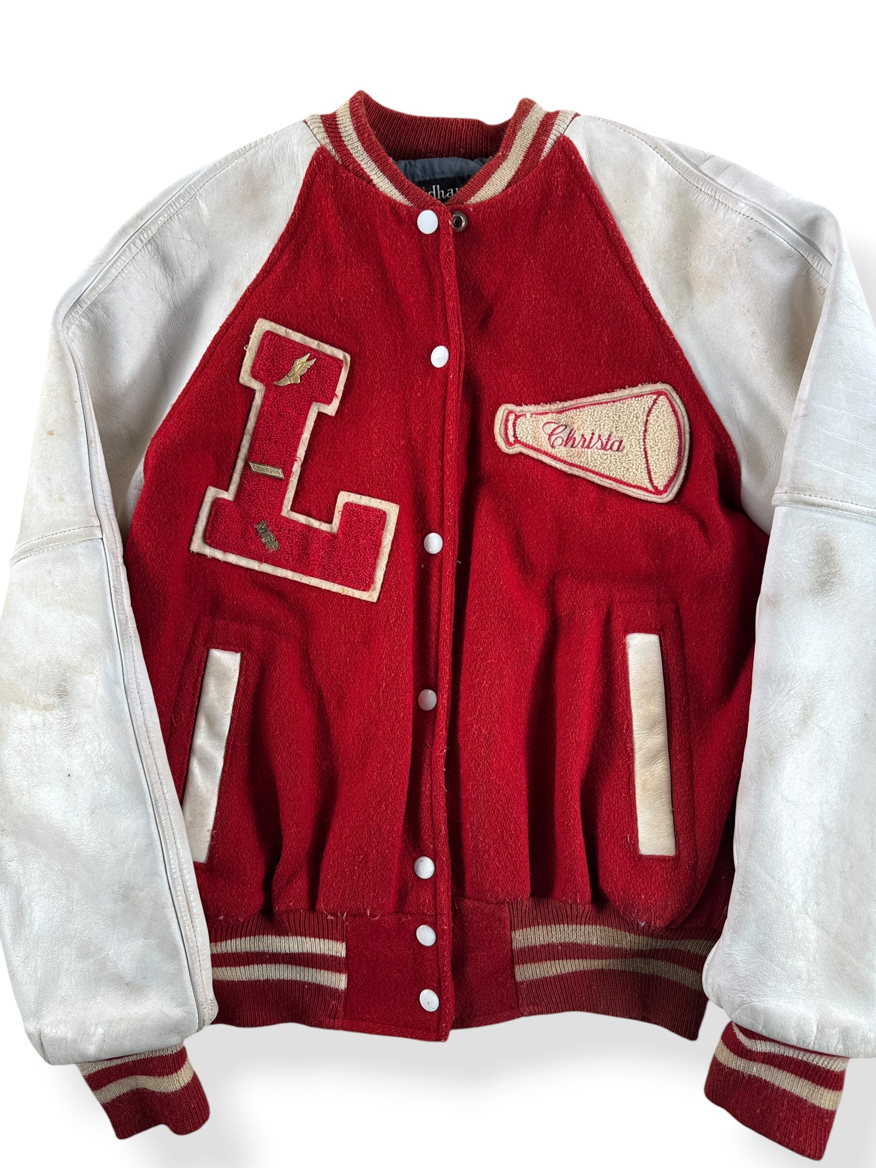 Front Close Up of Vintage Liberty Cheerleader Varsity Jacket SZ 38 (Fits S/M)
