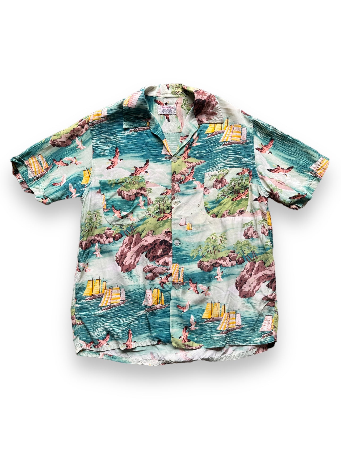 Vintage Made in Japan Boats and Birds Motif Penney's Aloha Shirt SZ M