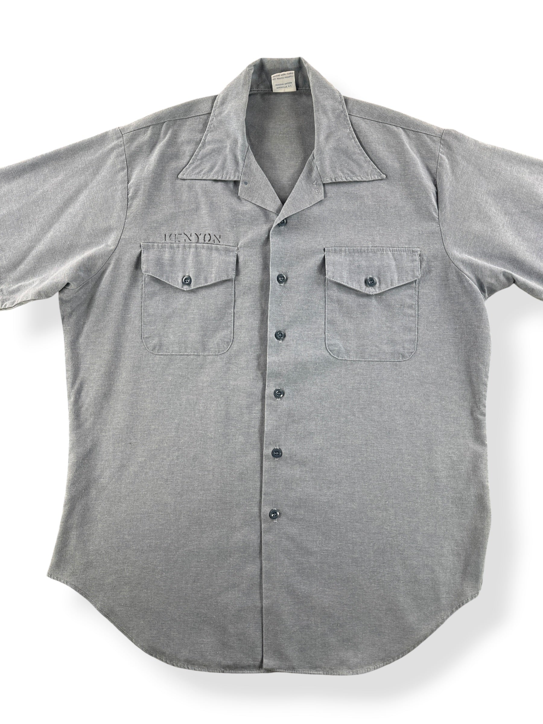Front Close Up of Vintage Seafarer Stenciled Chambray Shirt SZ L