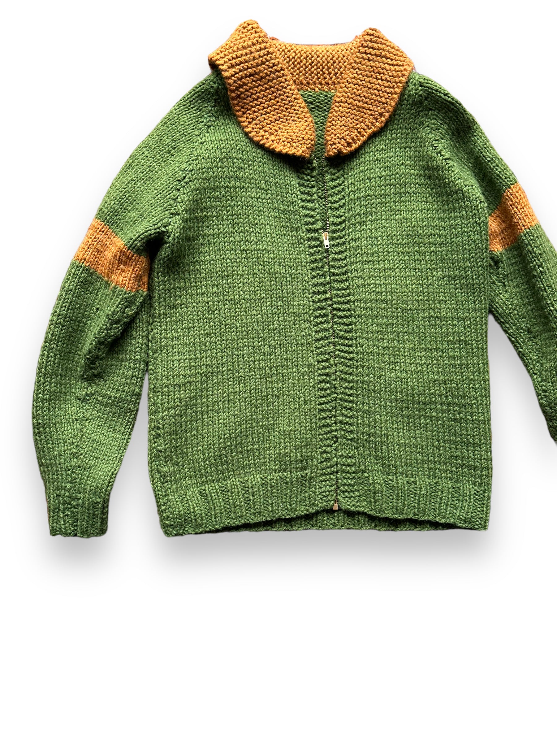 Front Right View of Vintage Green and Brown Striped Handknit Sweater SZ L | Vintage Wool Sweaters Seattle | Barn Owl Vintage Seattle