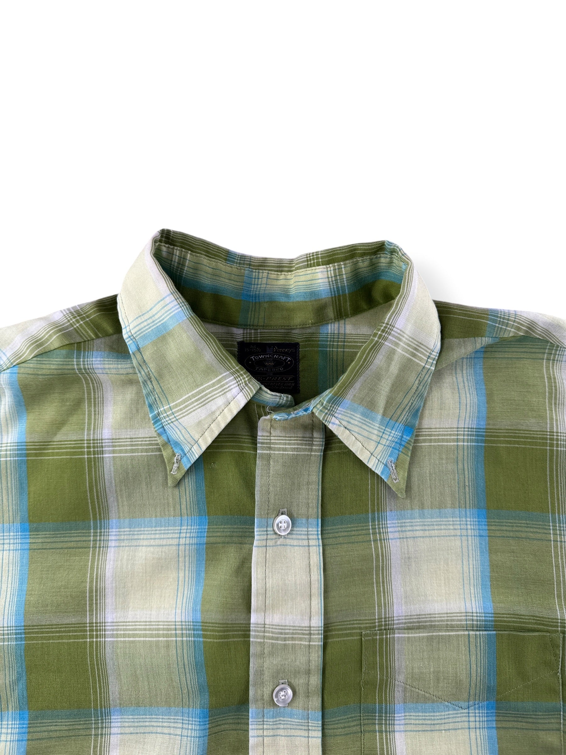 Collar on Vintage 60s Towncraft Green Plaid SS Button Up Shirt SZ M