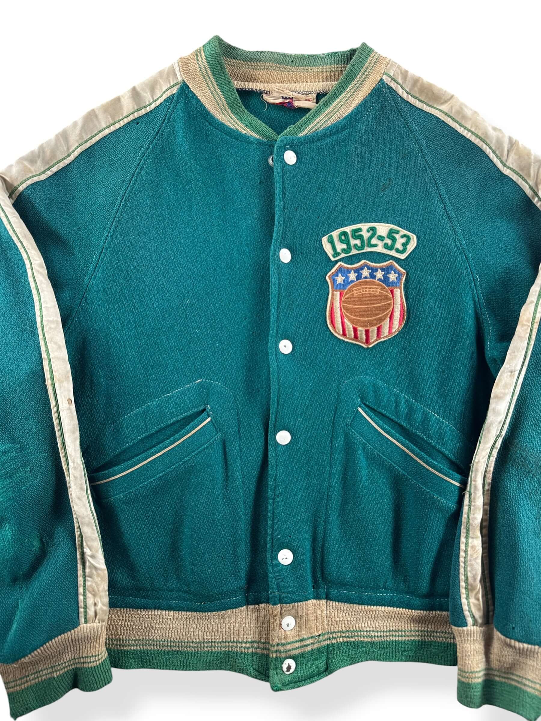 Front Close Up of Vintage 1952 Fontainebleau Foresters Varsity Jacket SZ M