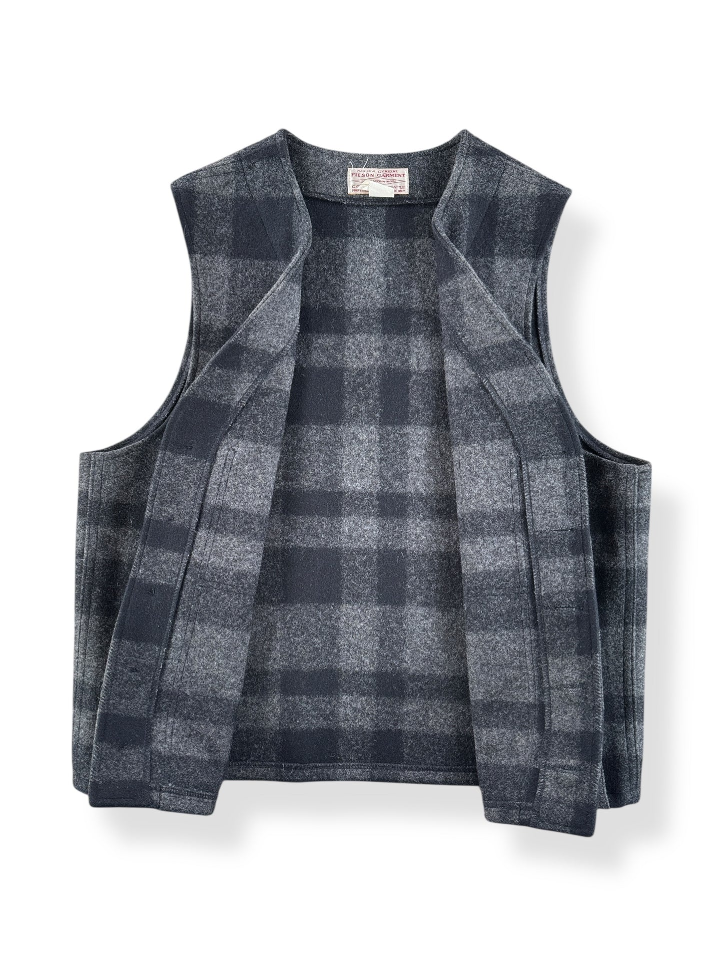 Inside of Vintage Filson Black & Grey Style 20 Wool Vest SZ 44