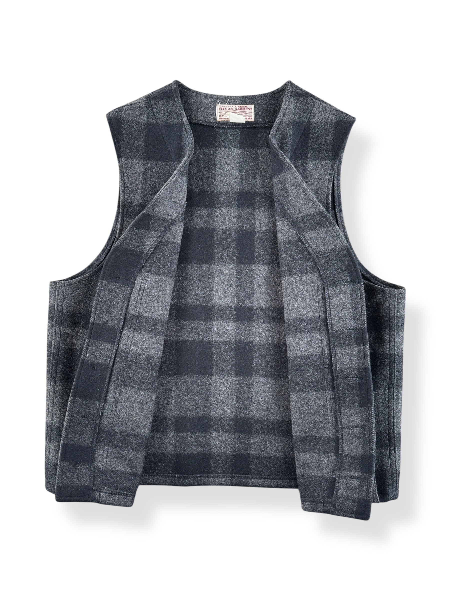 Inside of Vintage Filson Black & Grey Style 20 Wool Vest SZ 44