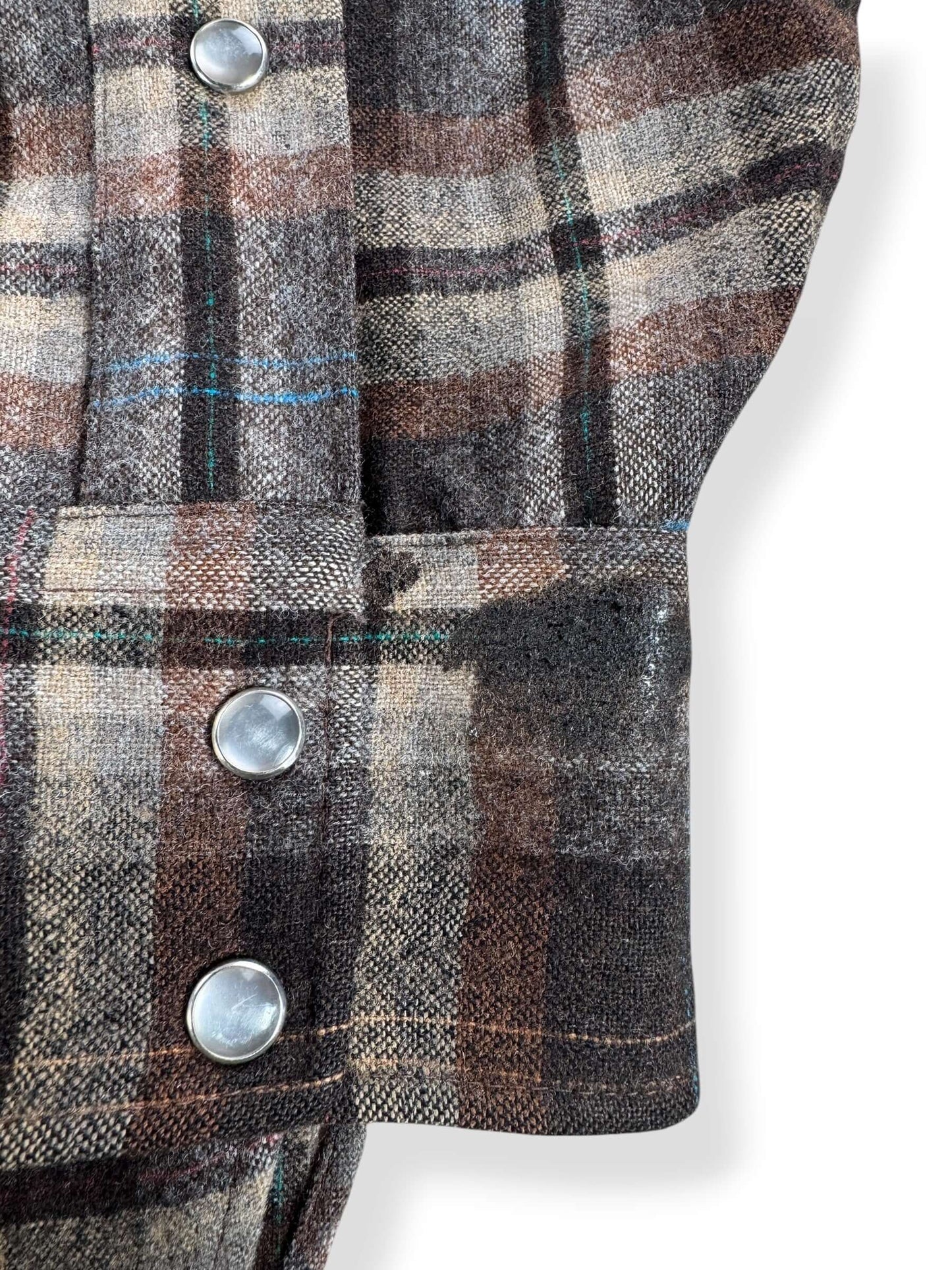 Stain on Cuff on Vintage Pendleton Western Wear Brown Pearlsnap Flannel SZ XL