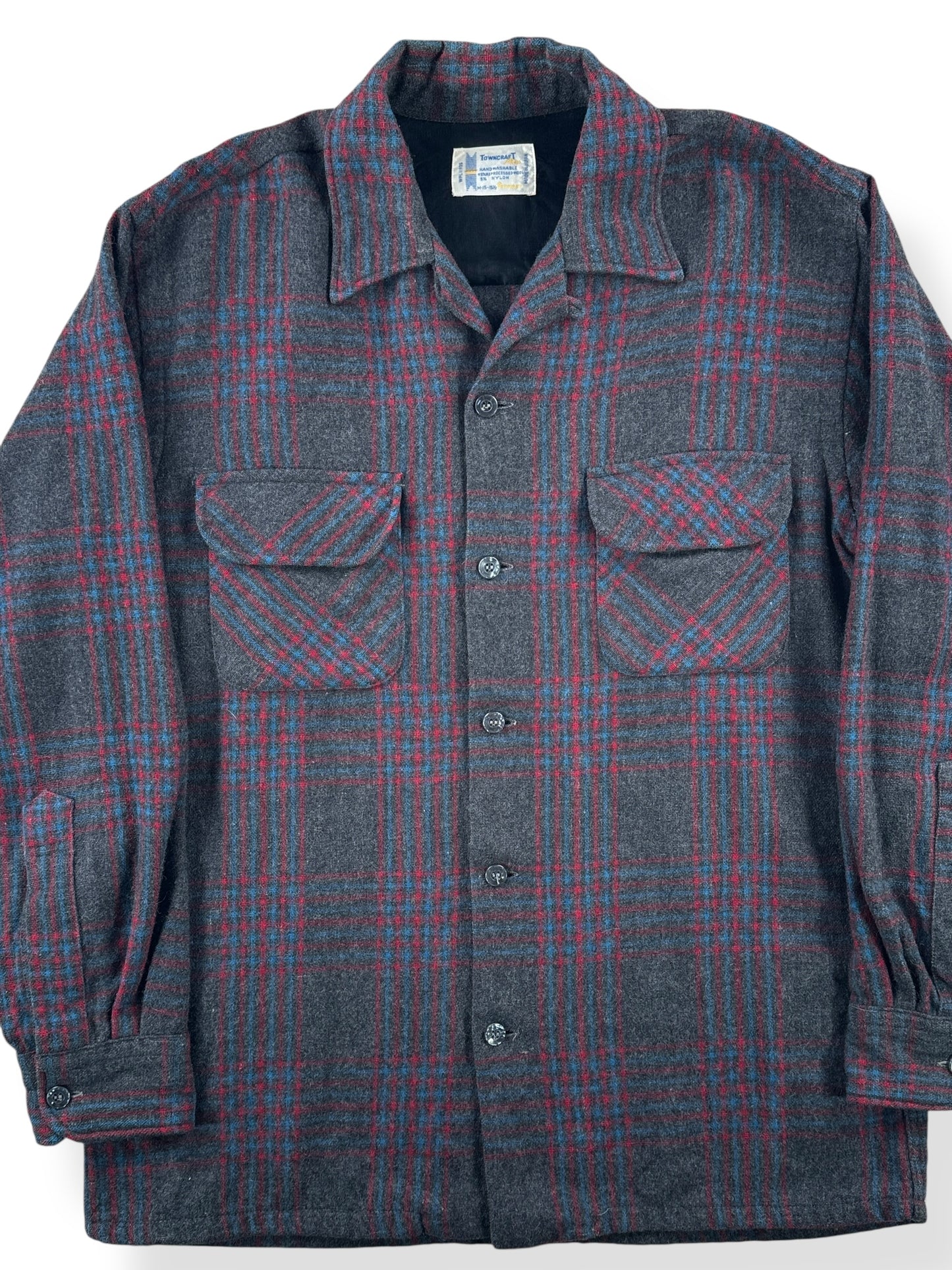 Front Close Up of Vintage Penney's Towncraft Wool Board Shirt SZ S