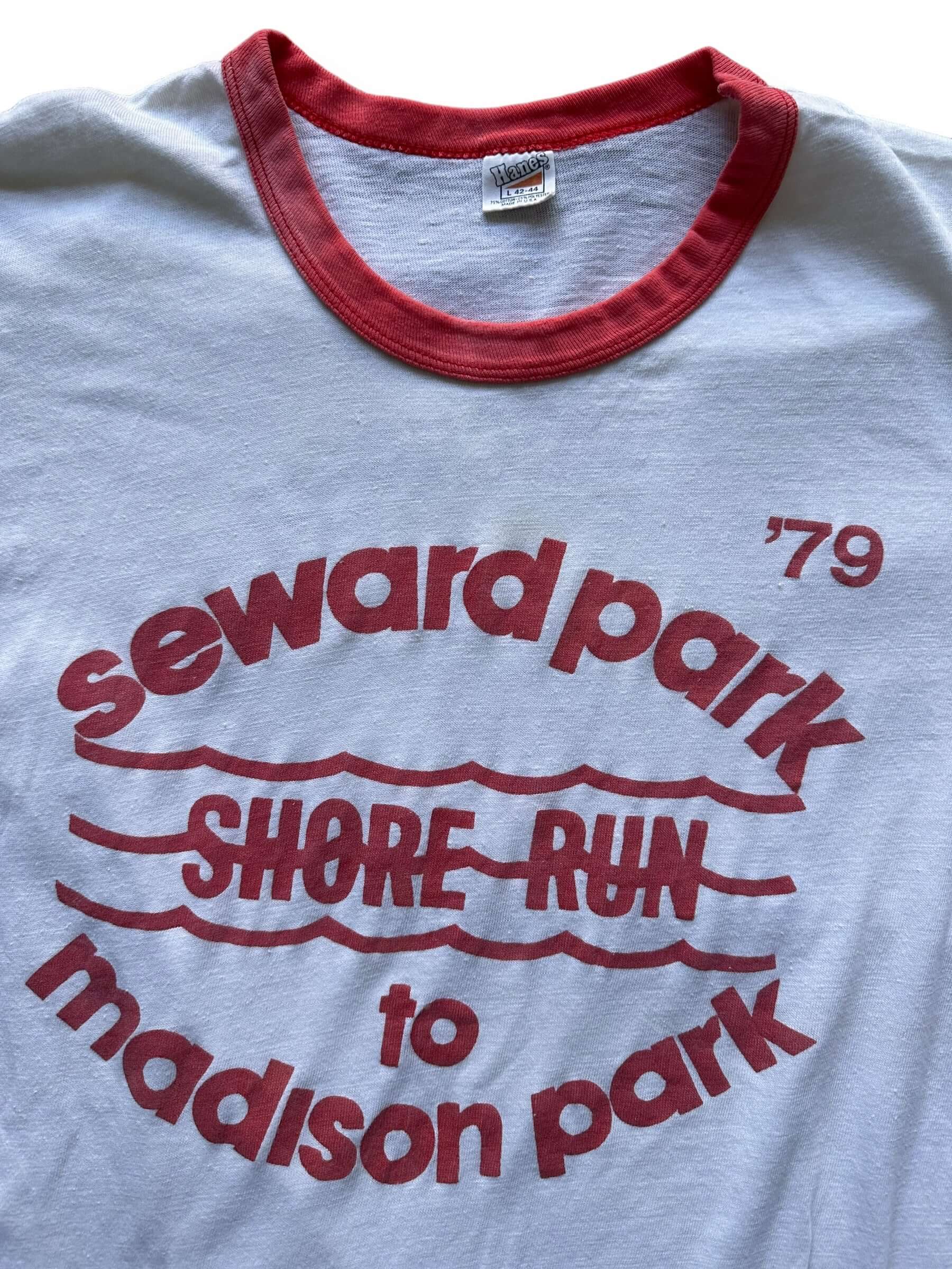 front close up of Vintage 1979 Seward Park Shore Run Ringer Tee SZ M