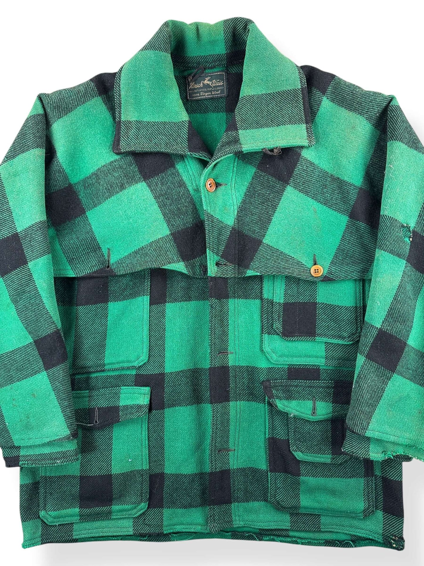 Front Close Up of Vintage Hirsch Weis Green Plaid Cape Coat SZ M