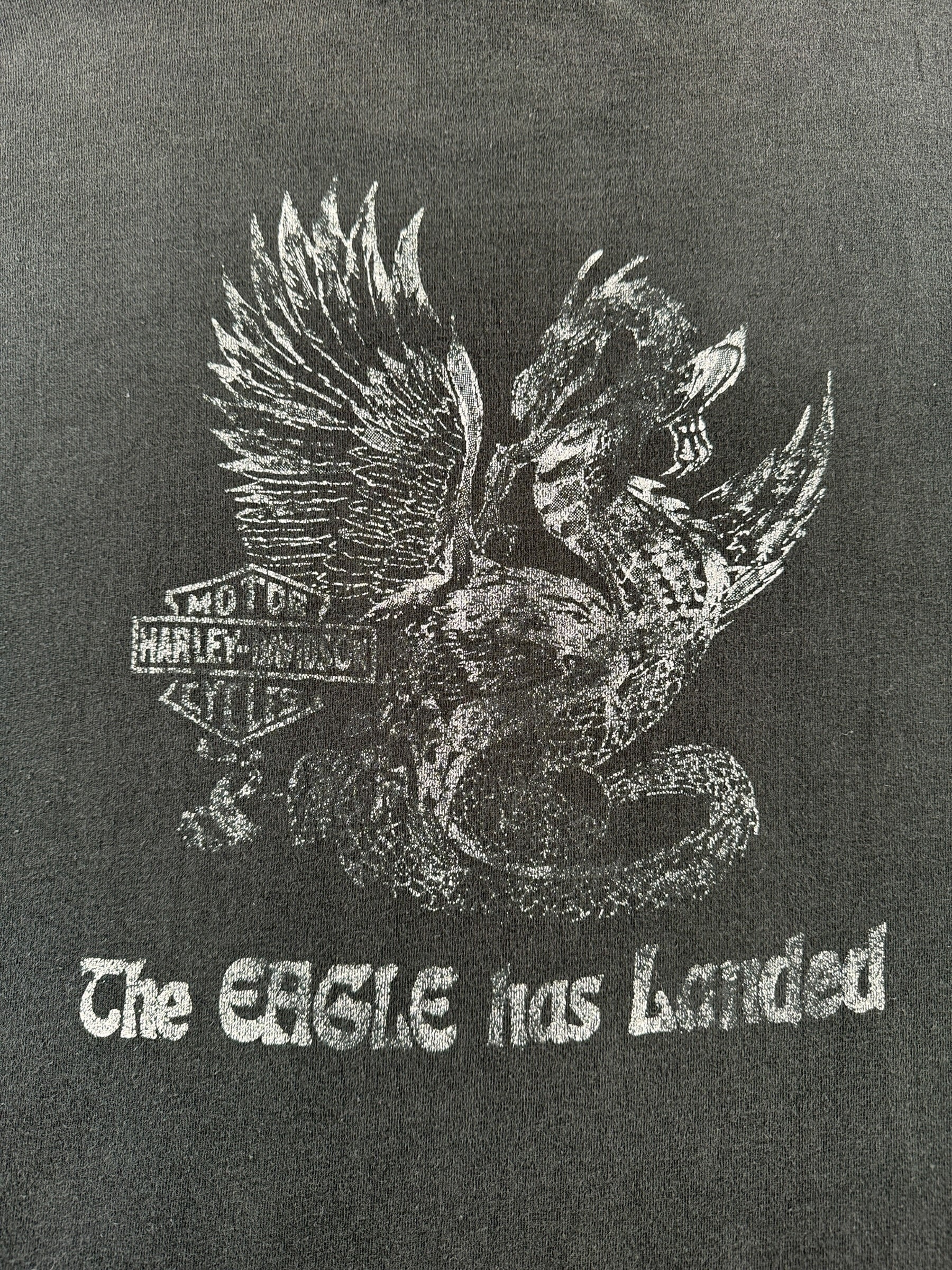 Back Graphic of Vintage Harley Davidson Eagle Has Landed Fader Tee SZ XL