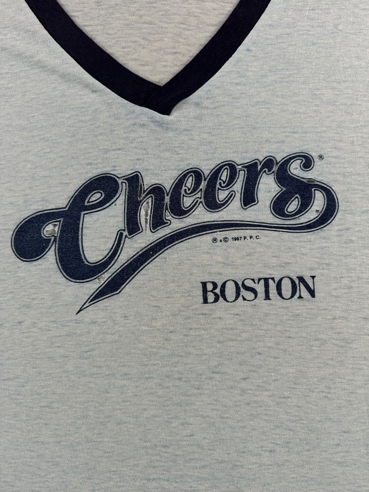 Front Graphic of Vintage Cheers Boston V-Neck Tee SZ Very Long Large