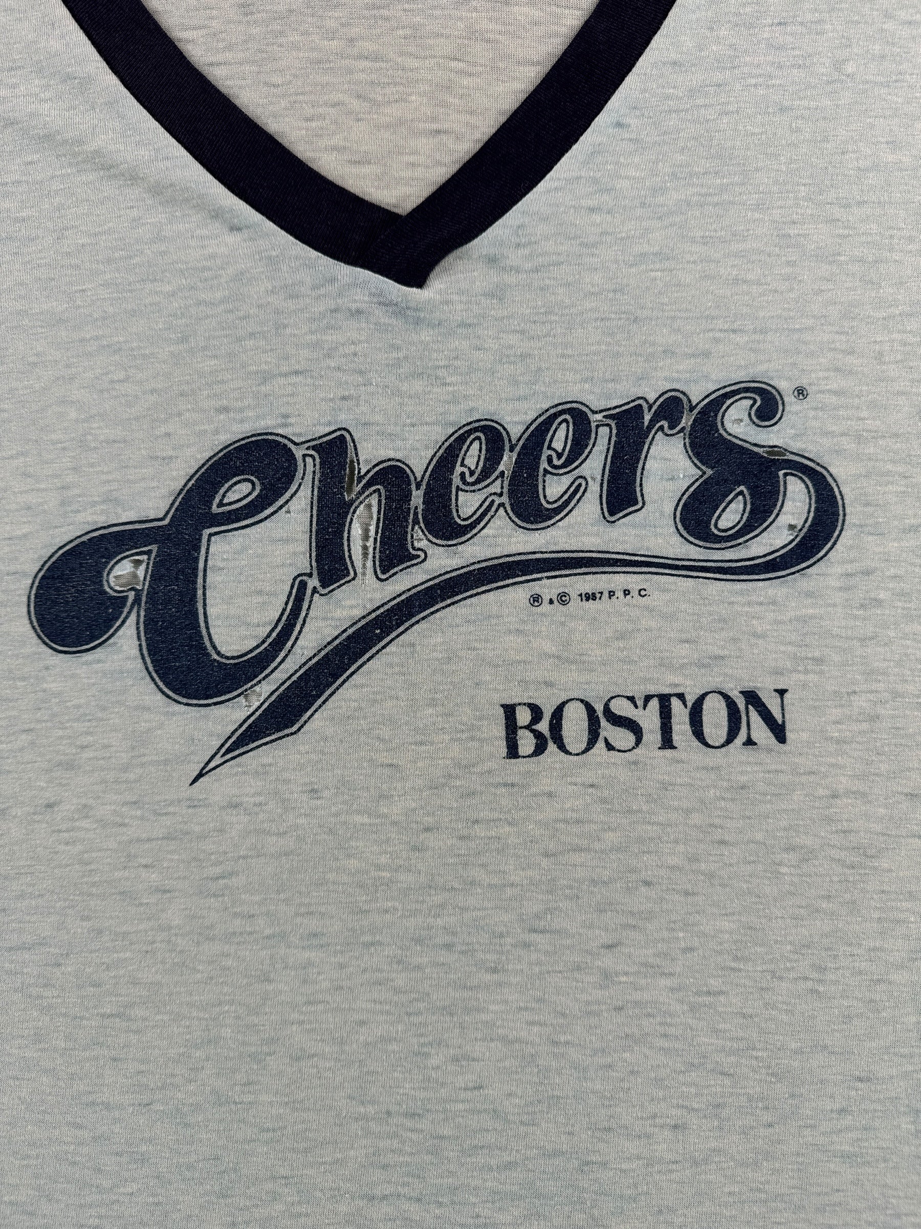 Front Graphic of Vintage Cheers Boston V-Neck Tee SZ Very Long Large