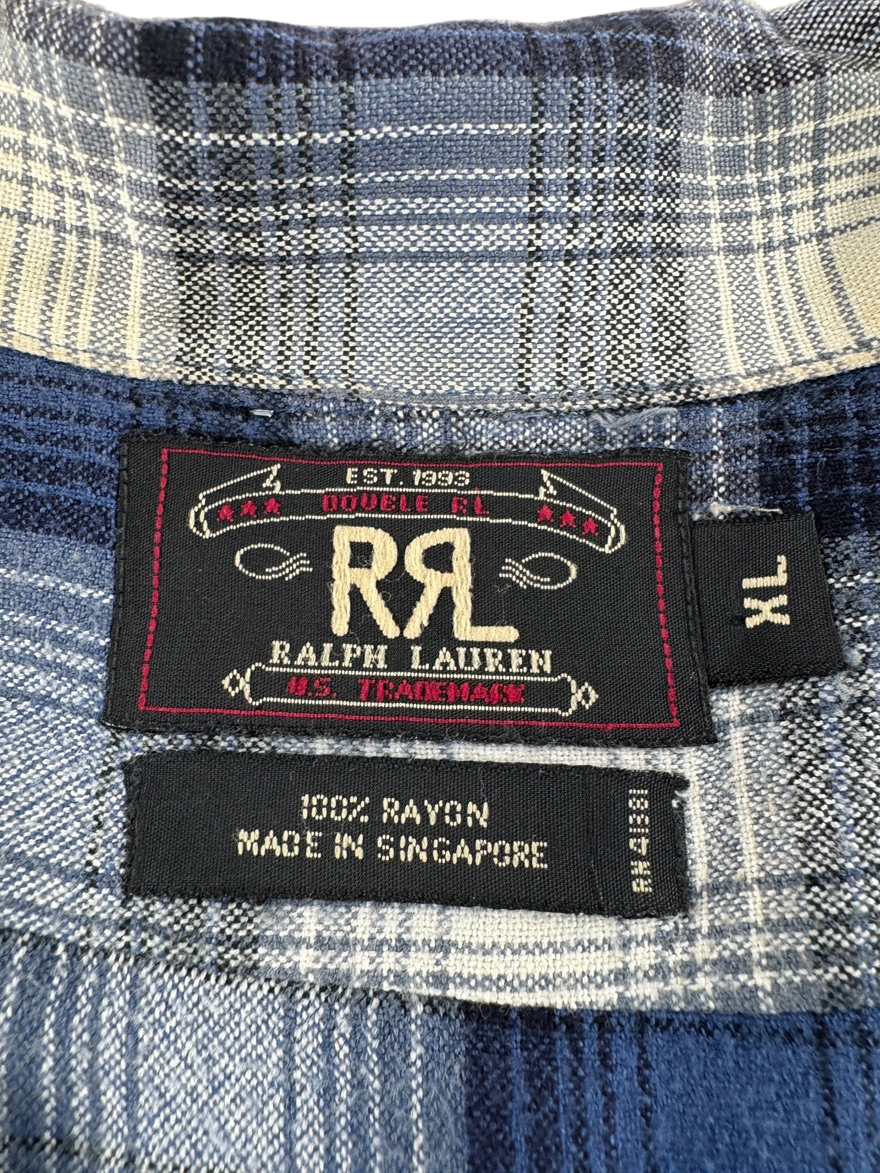 Label on RRL Shadowplaid Loop Collar Shirt SZ XL