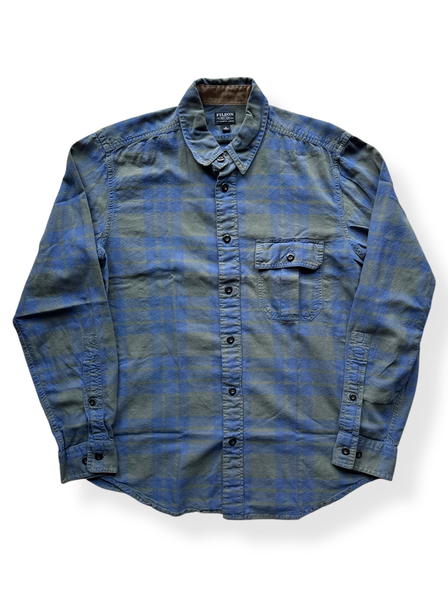 Front of Filson Green Blue Button Up Shirt SZ S