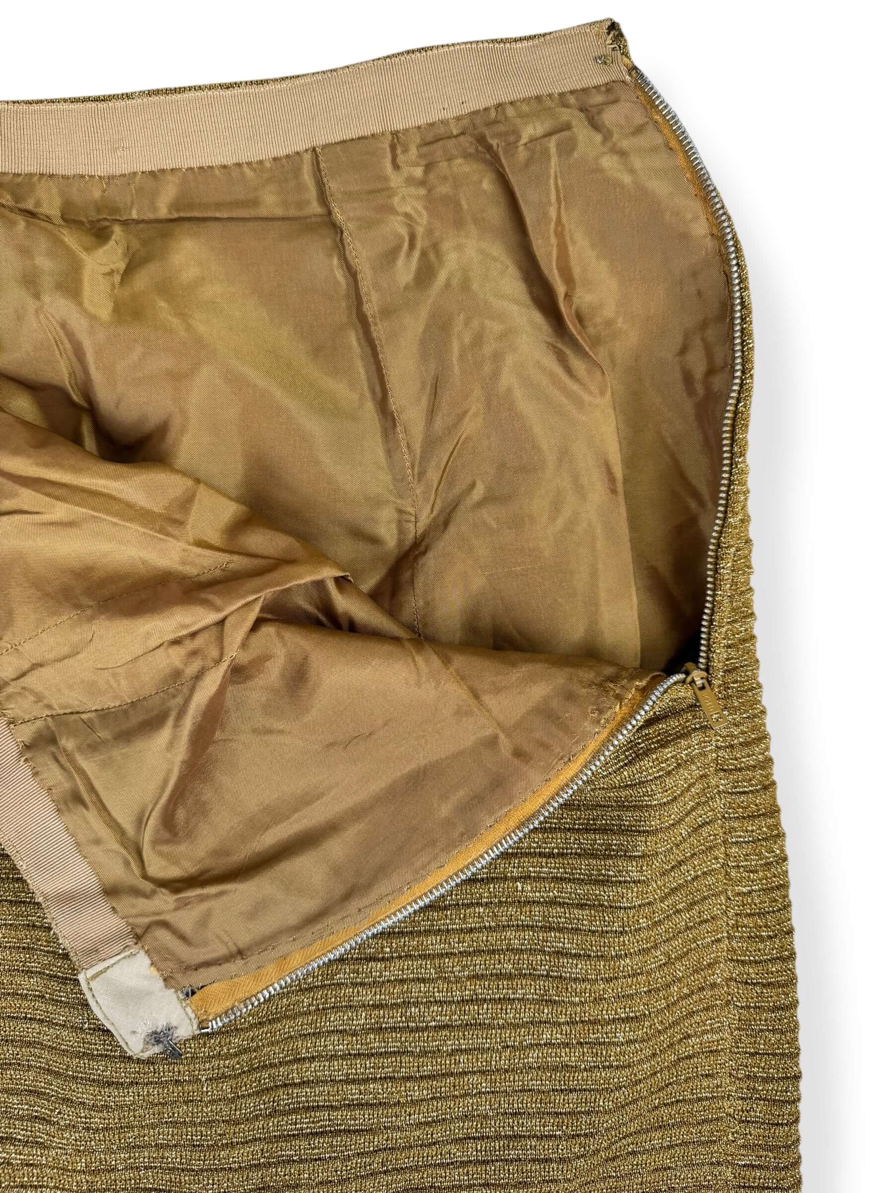 Zipper view of 1950s Gold Lurex Pencil Skirt M