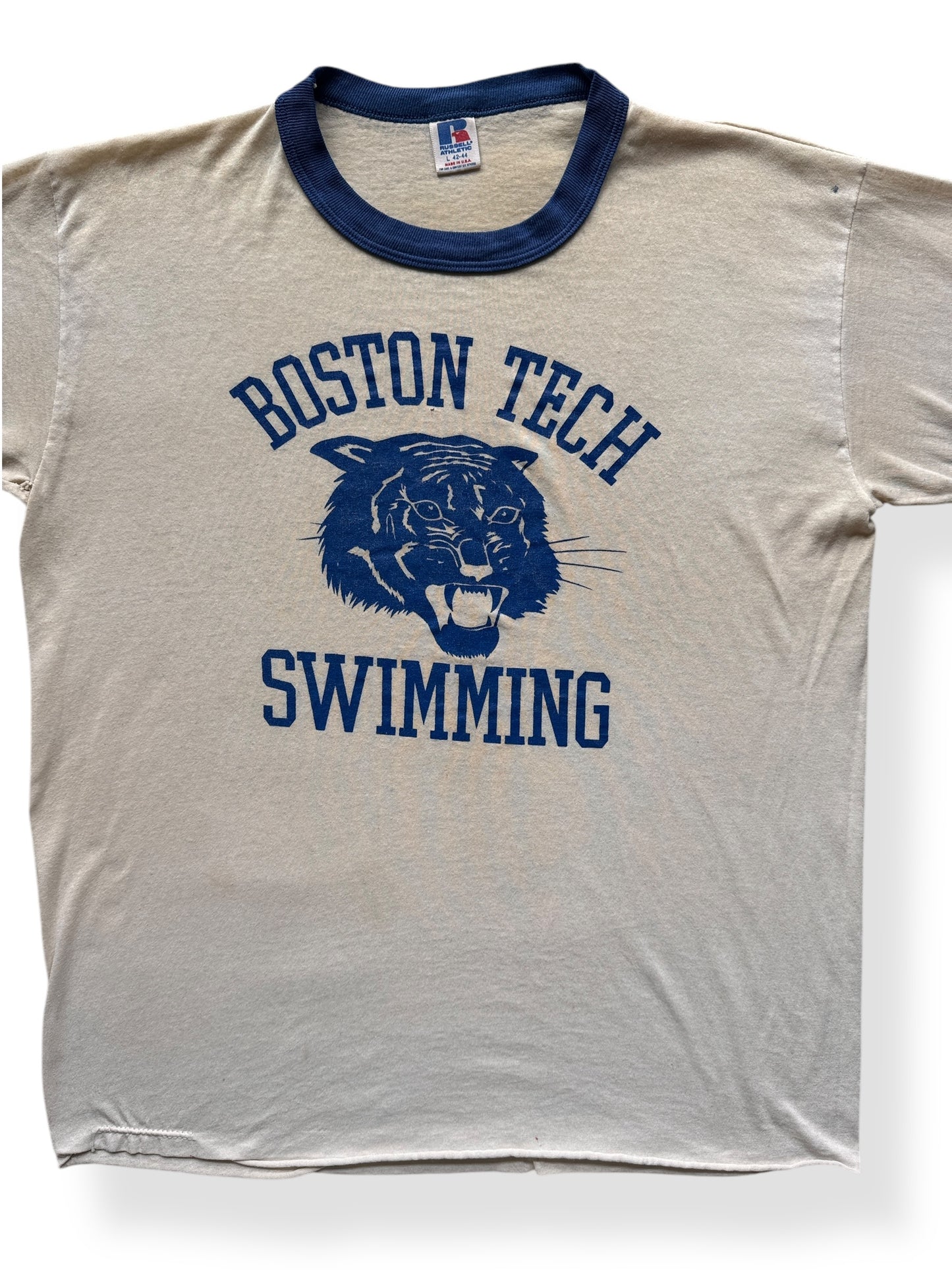 Front Close Up of Vintage Boston Tech Swimming Ringer SZ L