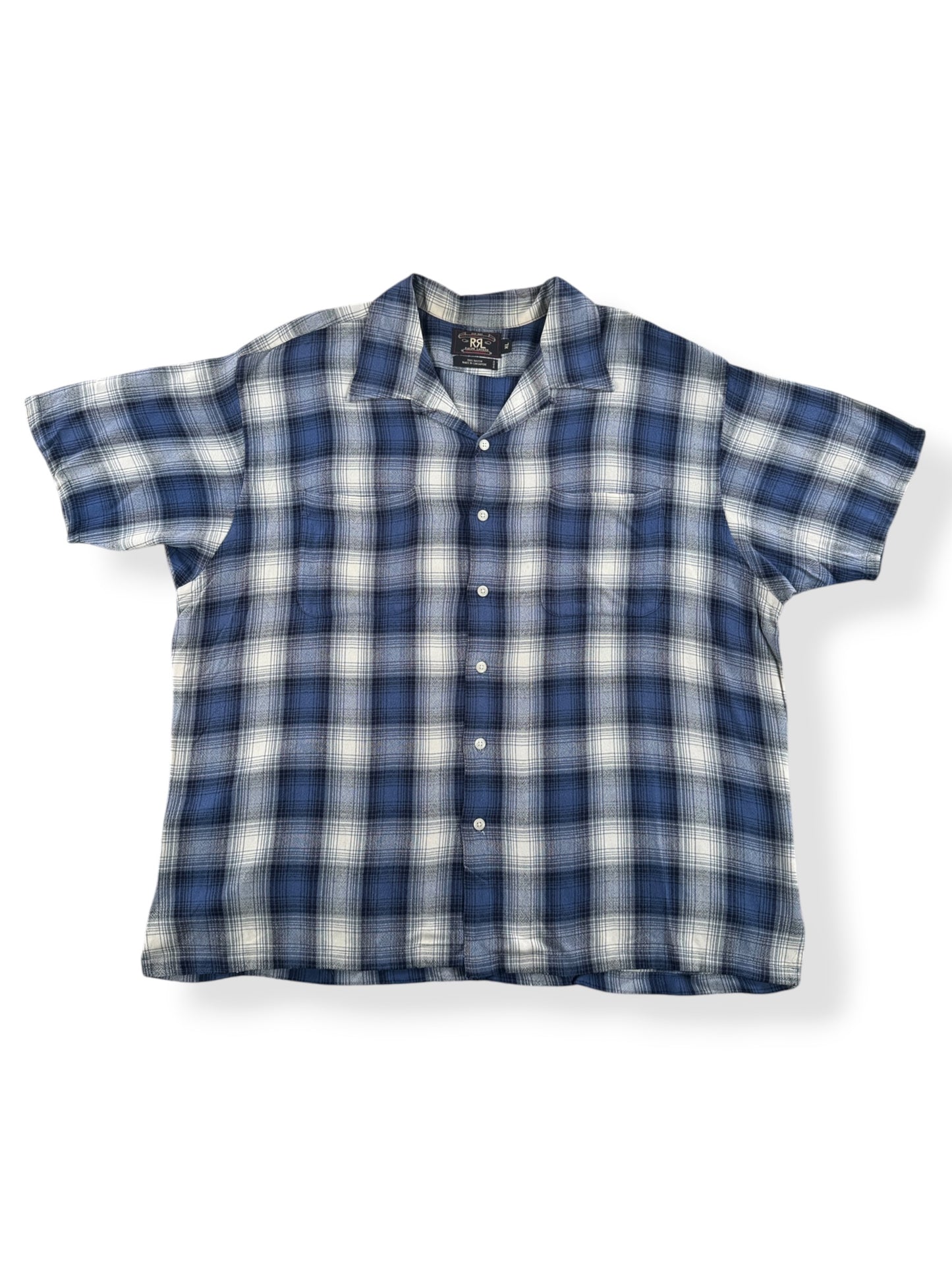 Front Close Up of RRL Shadowplaid Loop Collar Shirt SZ XL