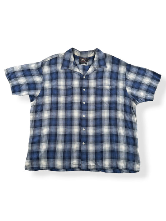 Front Close Up of RRL Shadowplaid Loop Collar Shirt SZ XL