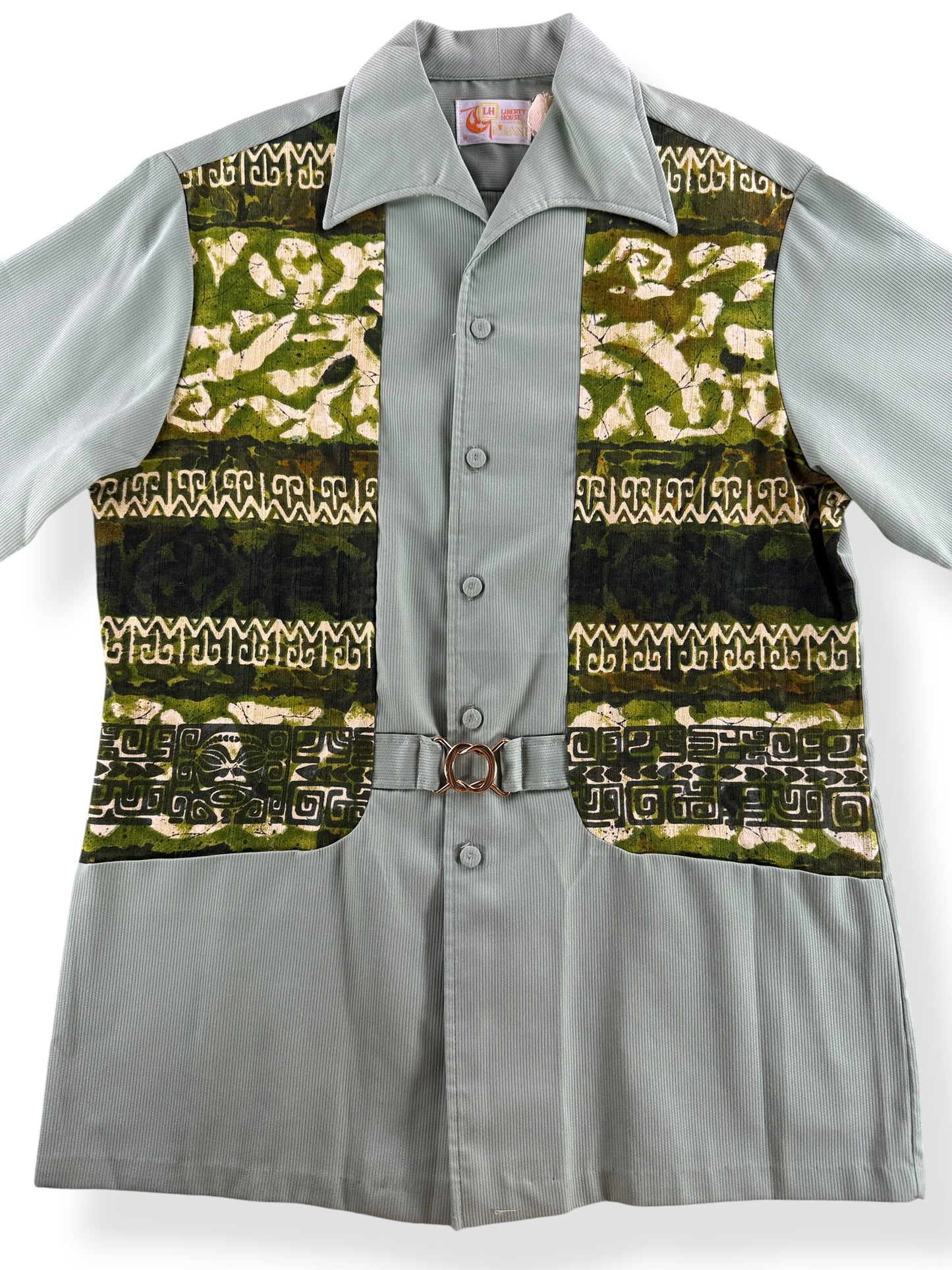 Close-Up of Vintage 60s Liberty House Paneled Bark Cloth Aloha Shirt SZ M