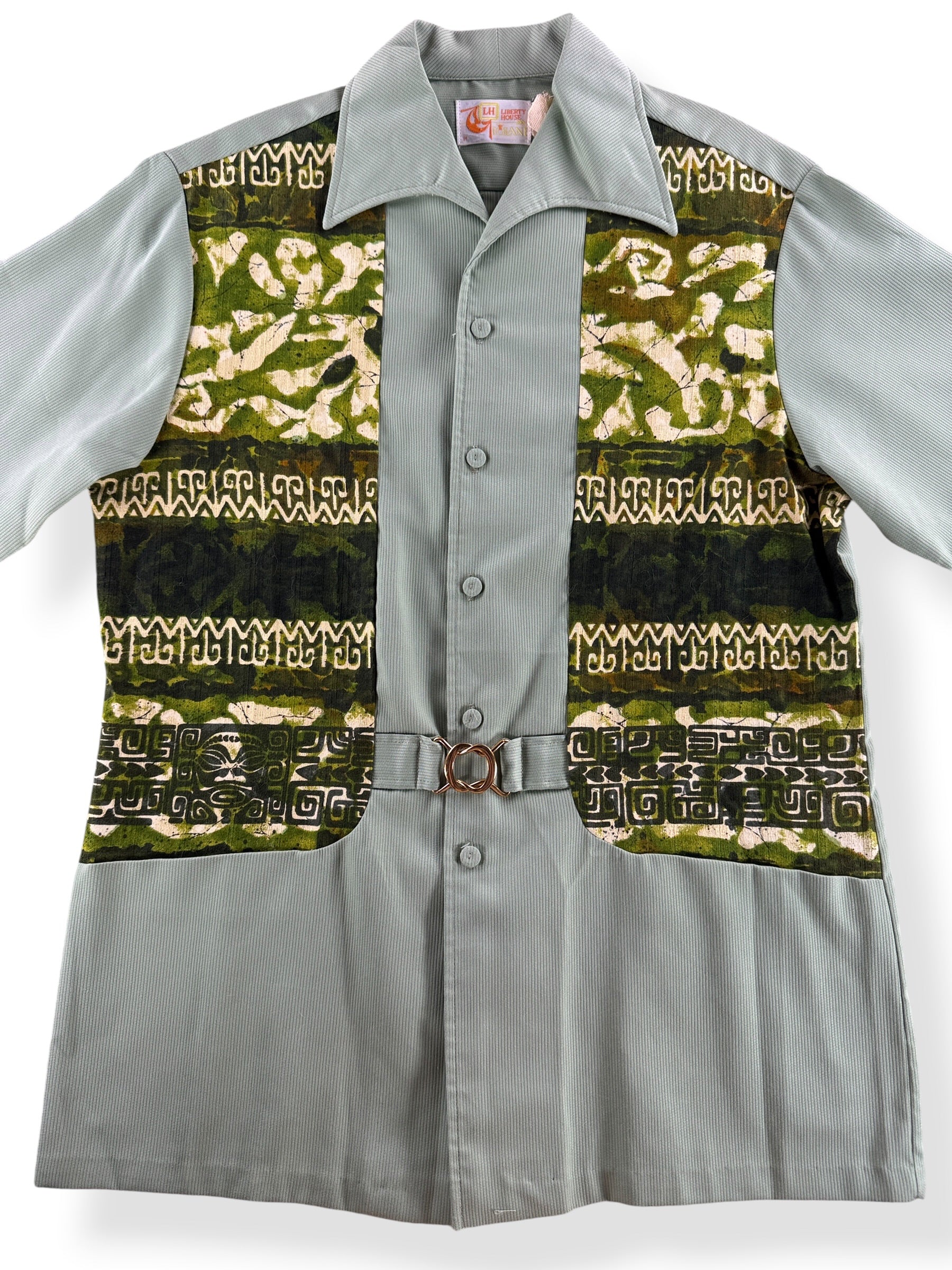 Close-Up of Vintage 60s Liberty House Paneled Bark Cloth Aloha Shirt SZ M