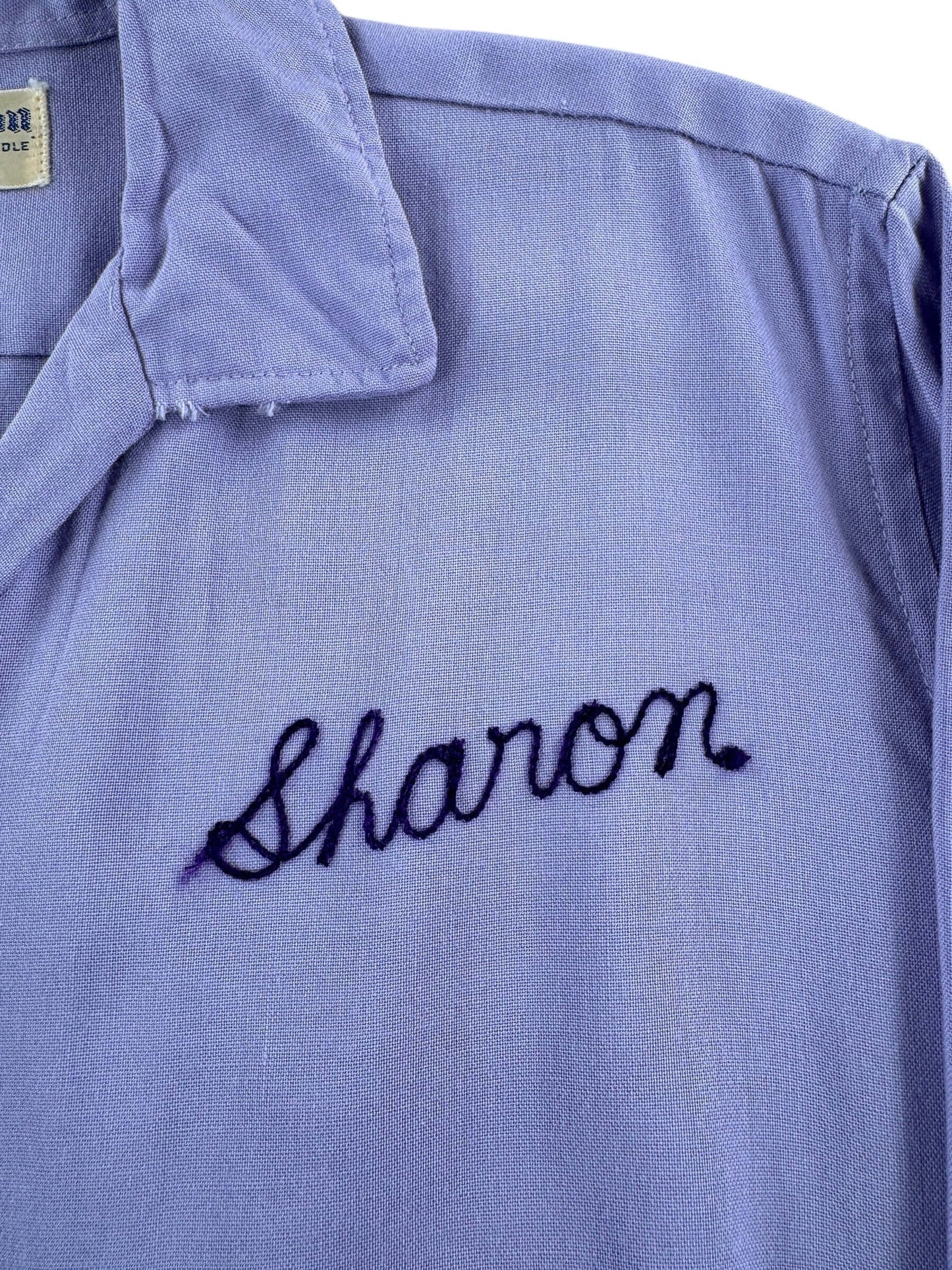 Name Tag on Vintage Lilac Ladies Flocked Bowling Shirt SZ 38