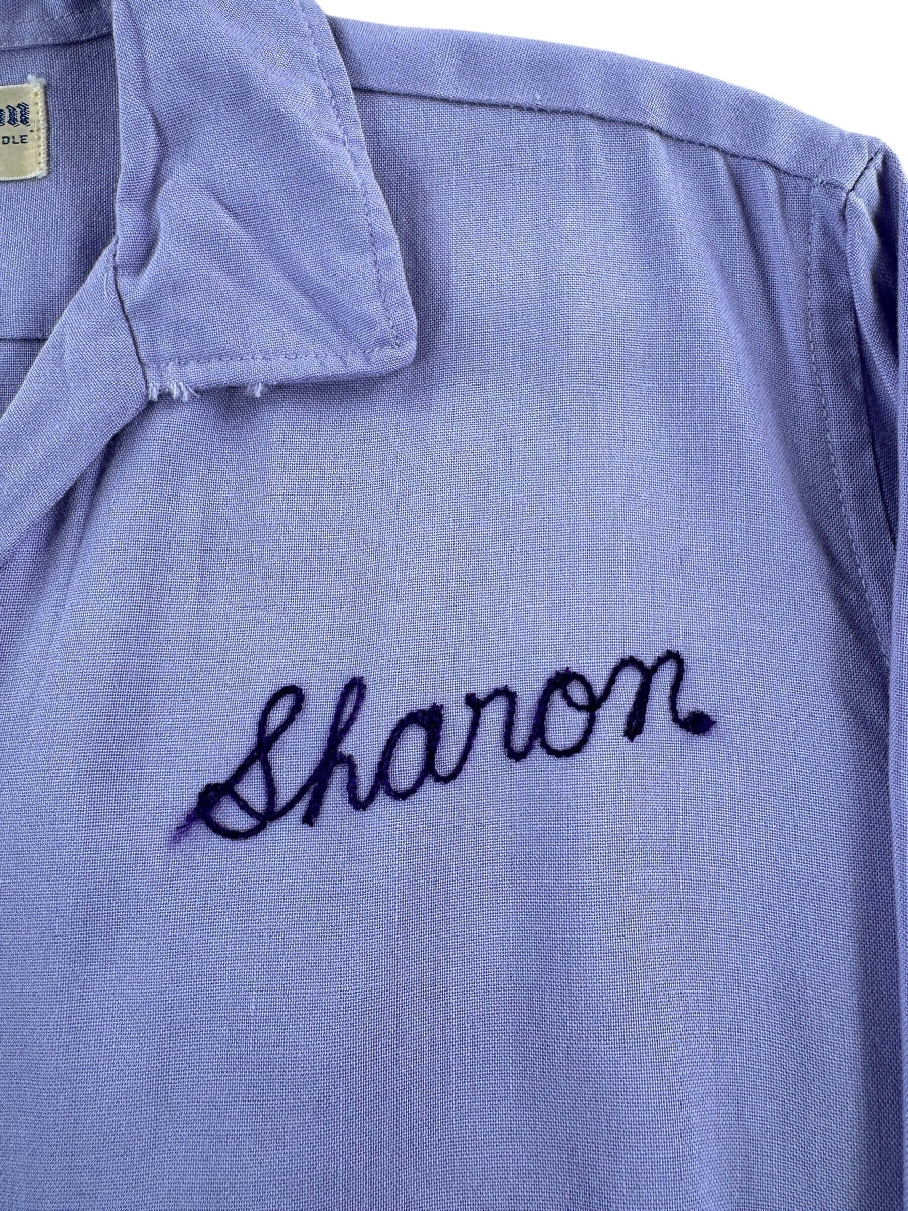 Name Tag on Vintage Lilac Ladies Flocked Bowling Shirt SZ 38