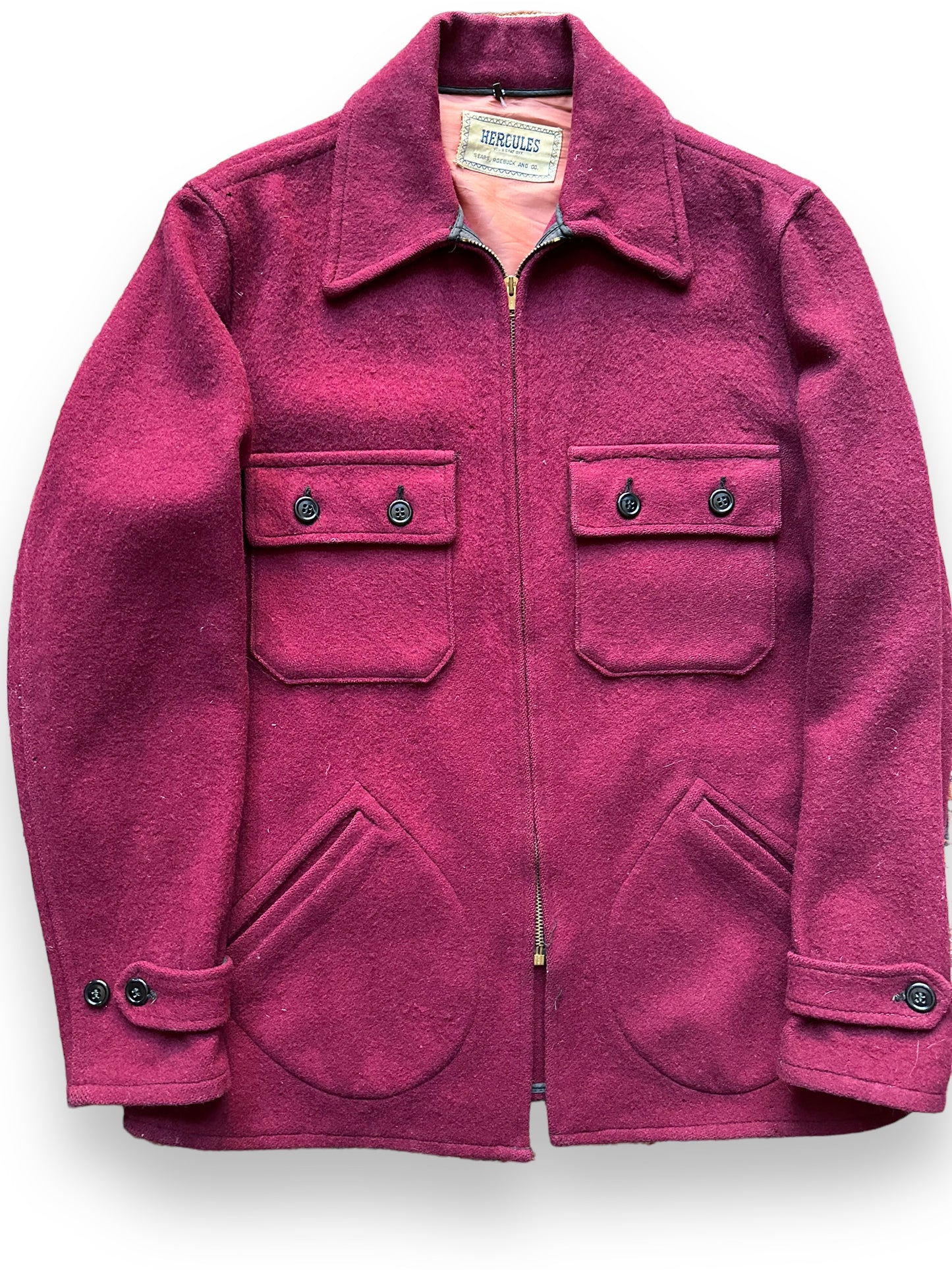 Front Detail on Vintage 1940s/50s Era Hercules Boxing Pocket Wool Jacket SZ L |  Barn Owl Vintage Goods | Vintage Workwear Seattle