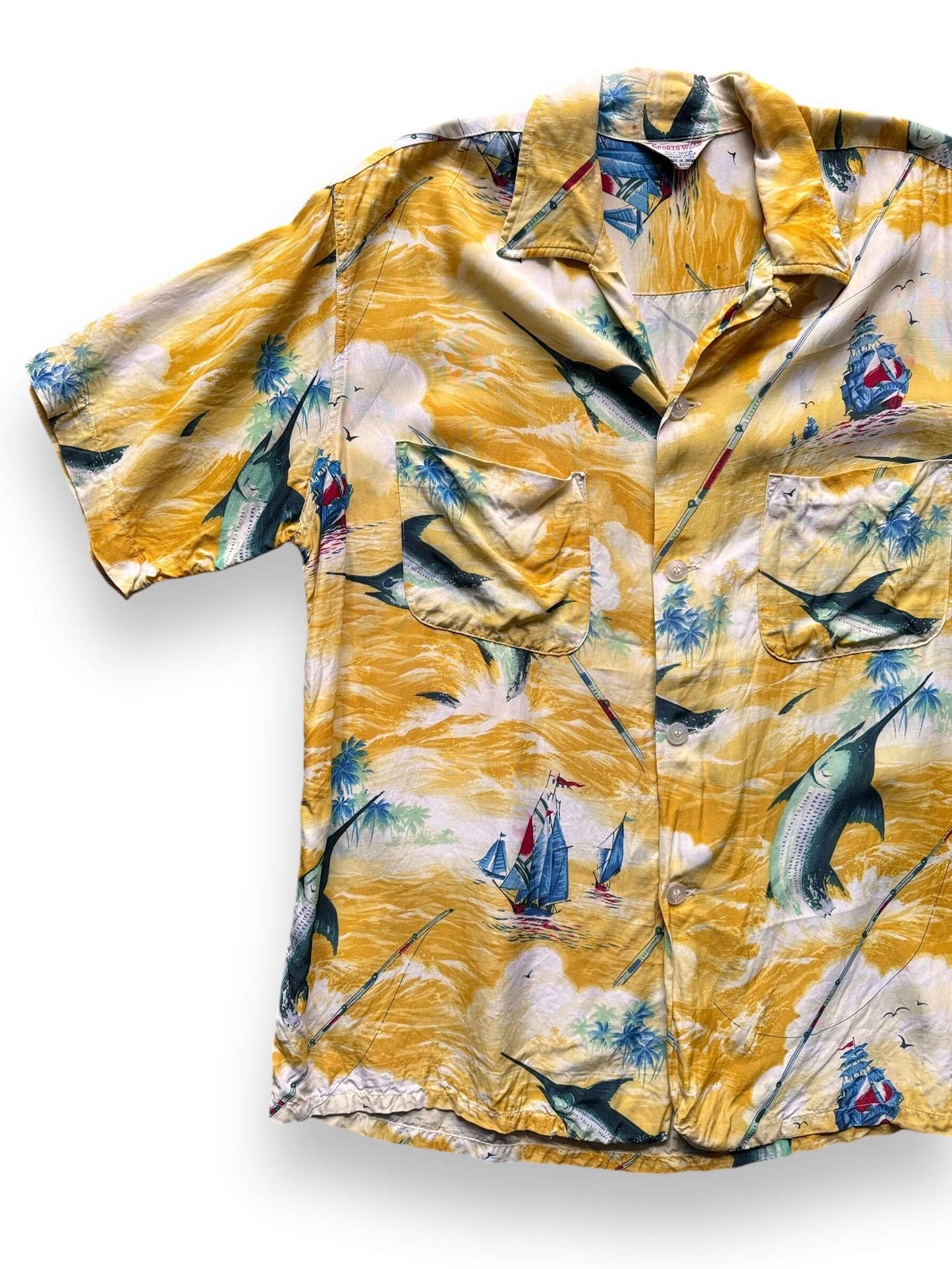 Front Right View of Vintage Sportswear Fishing Motif Aloha Shirt SZ M