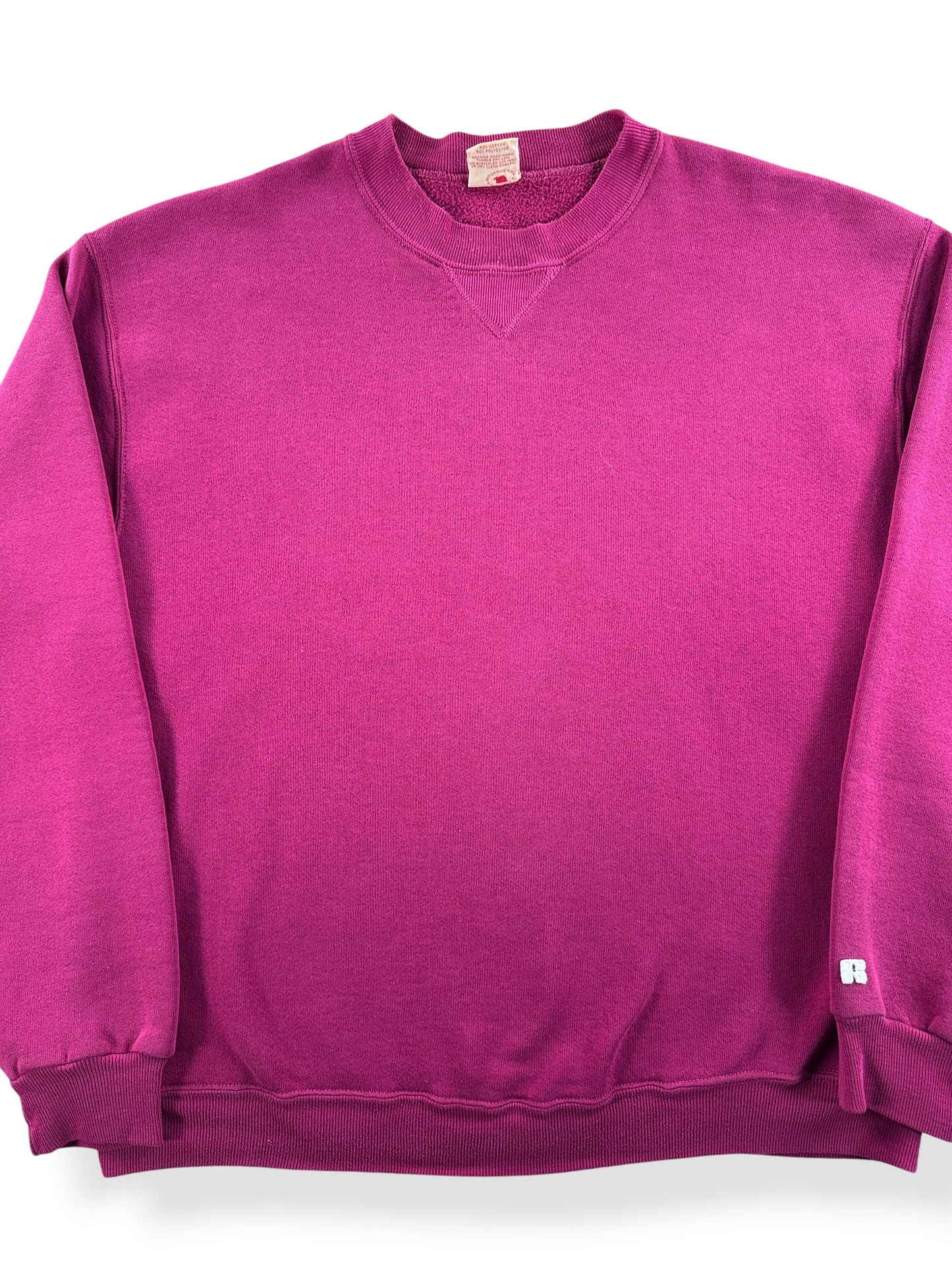 Front Close Up of Vintage Blank Pink Russell Crewneck SZ L