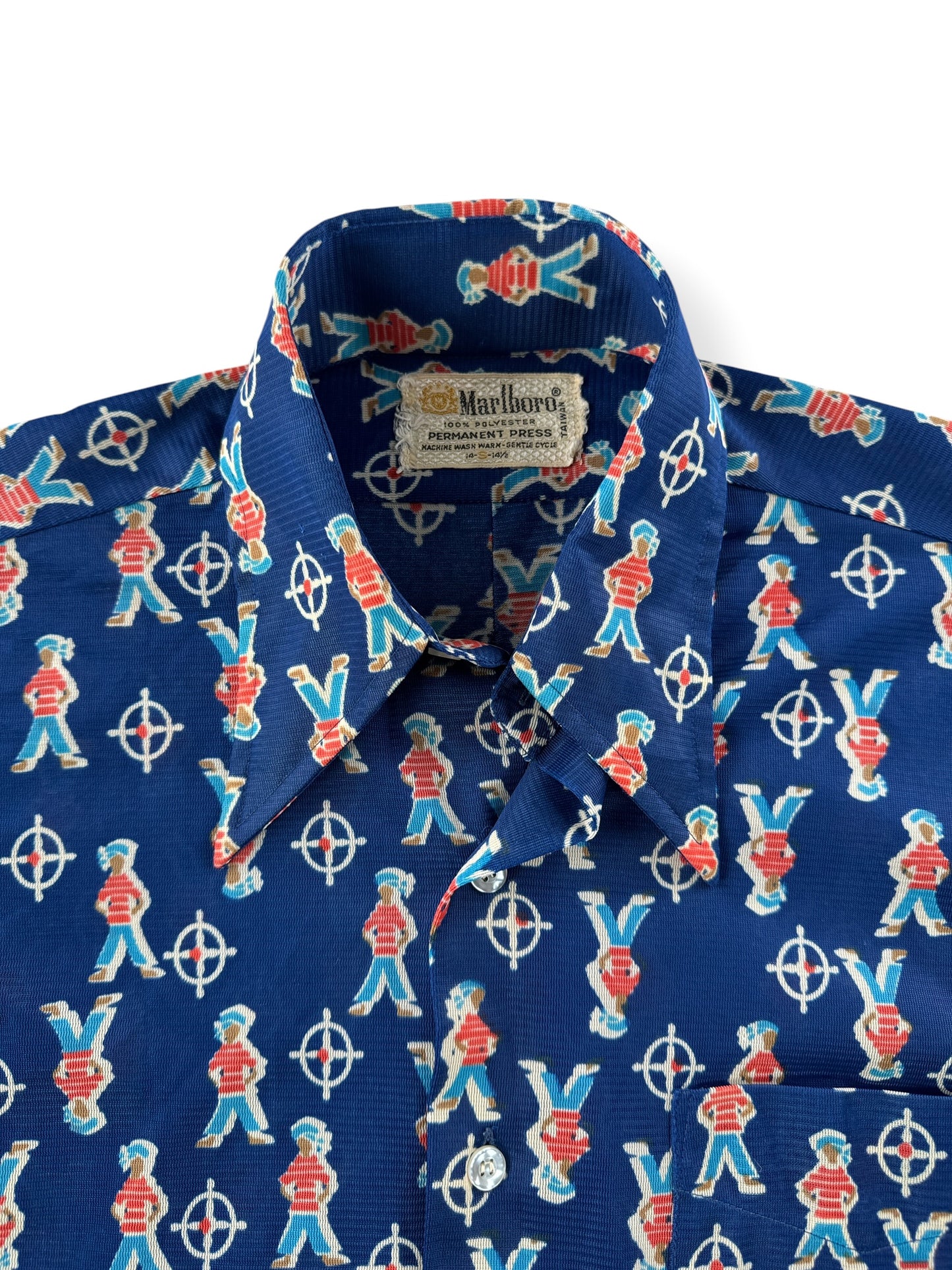 Collar on Vintage Malboro Polyester Sailor Pattern Shirt SZ S
