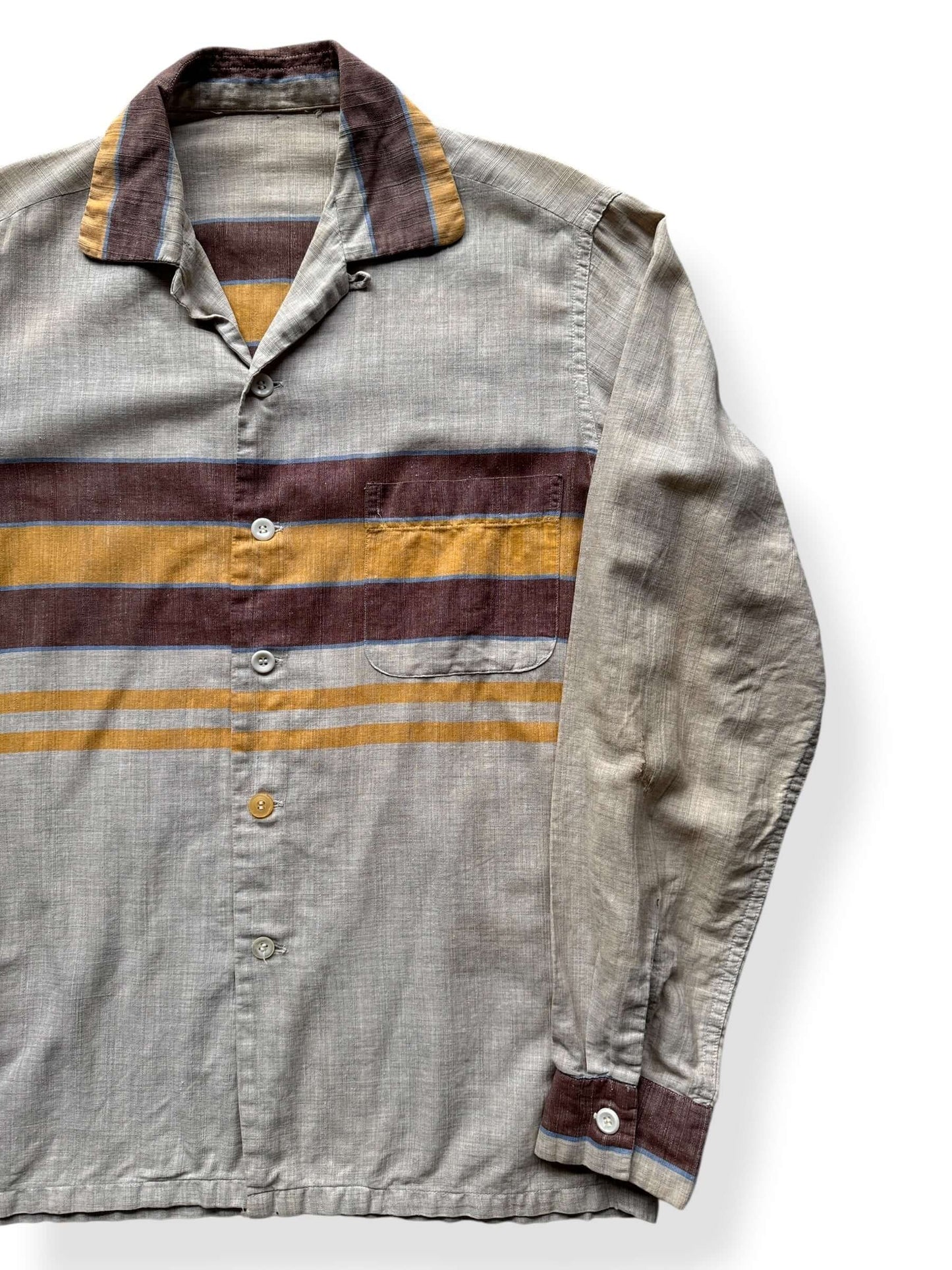 Front Left of Vintage Brown & Yellow Long Sleeve Loop Collar