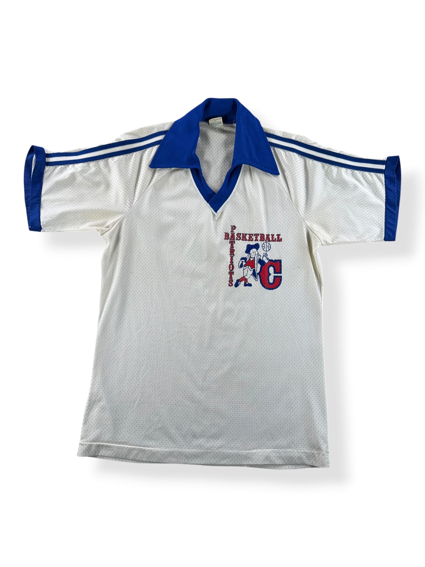 Front of Vintage Champion Blue Bar Patriots Basketball Jersey SZ M