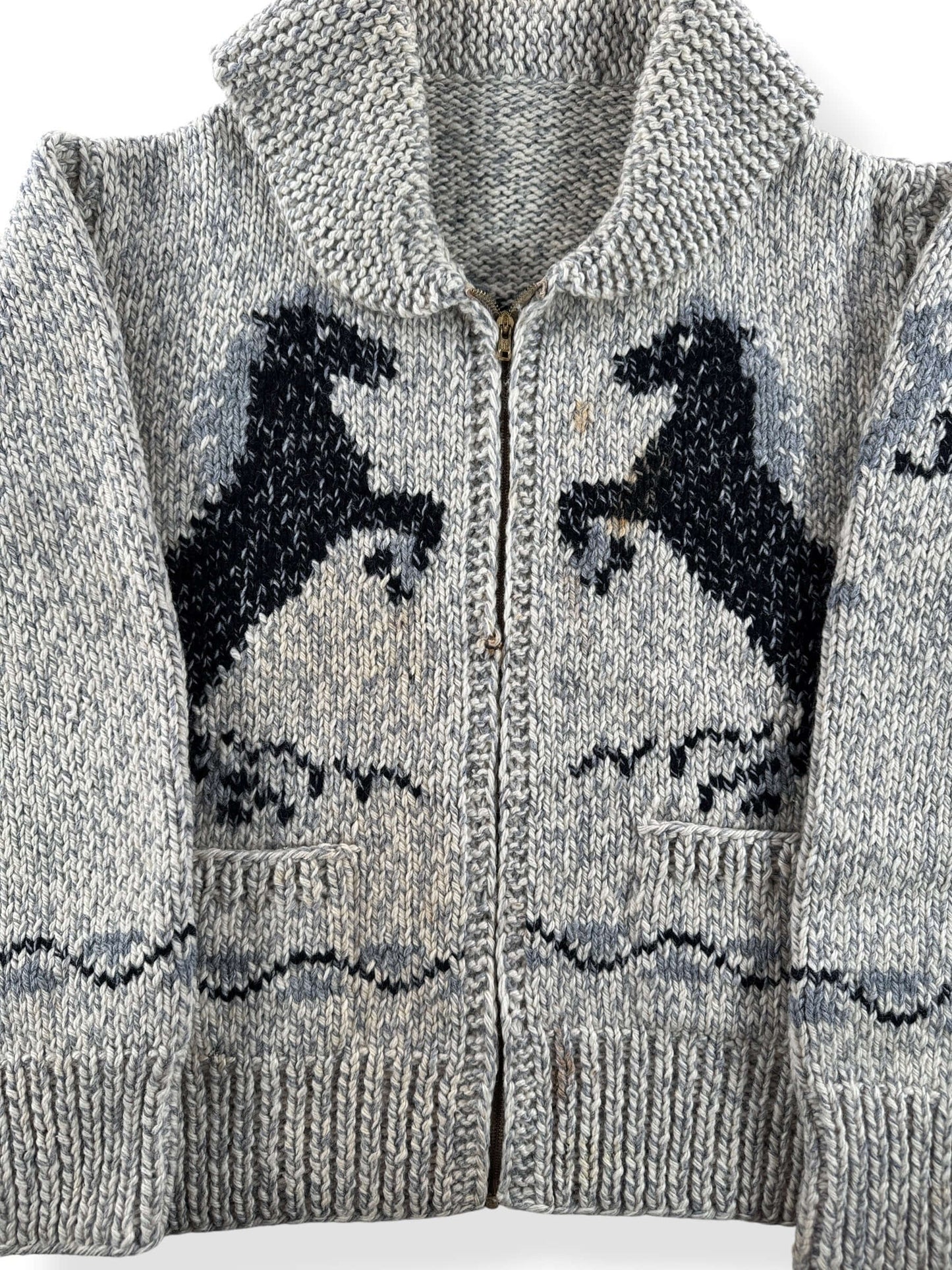 Front Close Up of Vintage Cowichan Style Horse Sweater AS IS SZ M/L