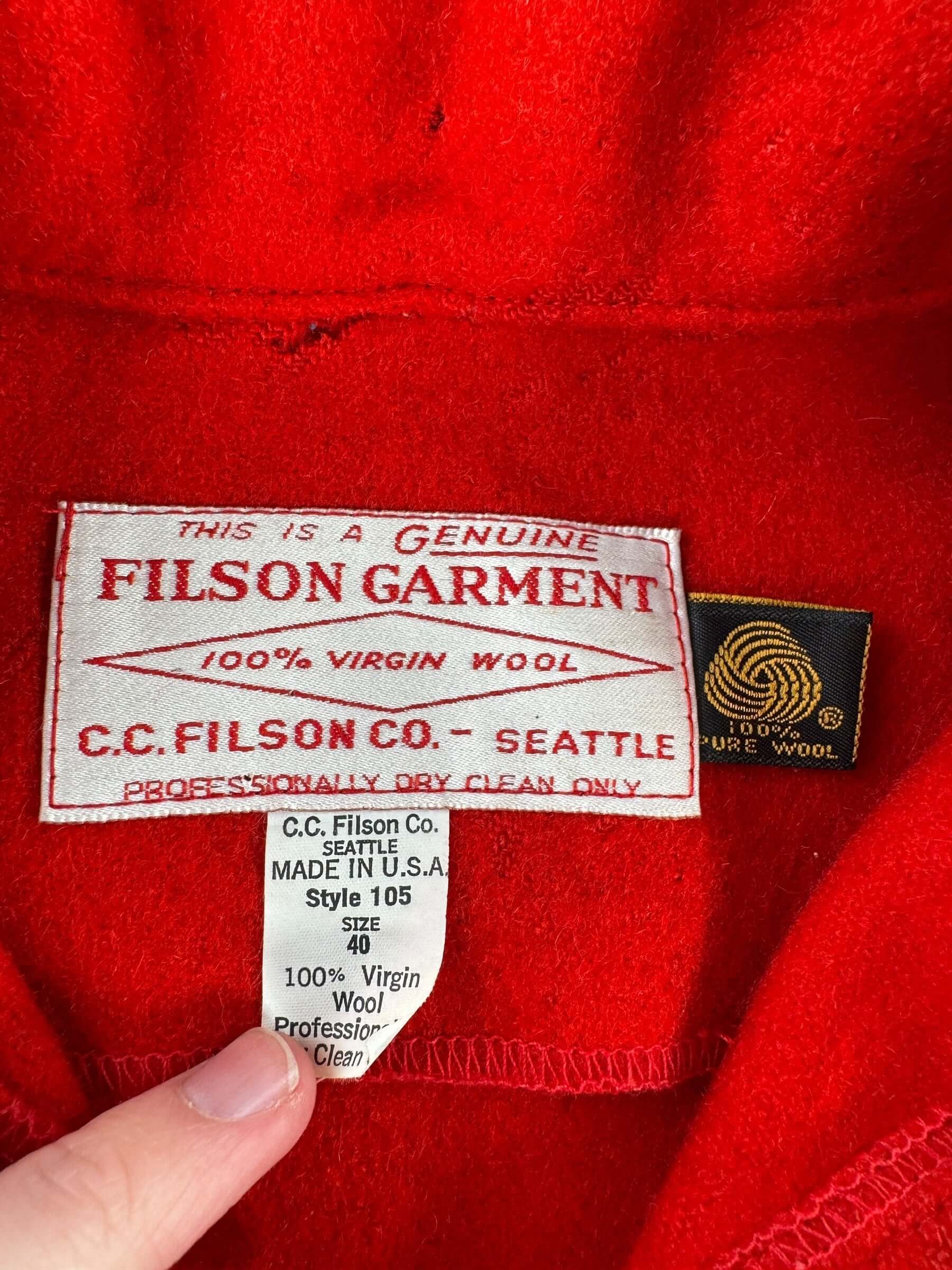 Label on Vintage Filson Scarlet Mackinaw Work Jacket SZ 40