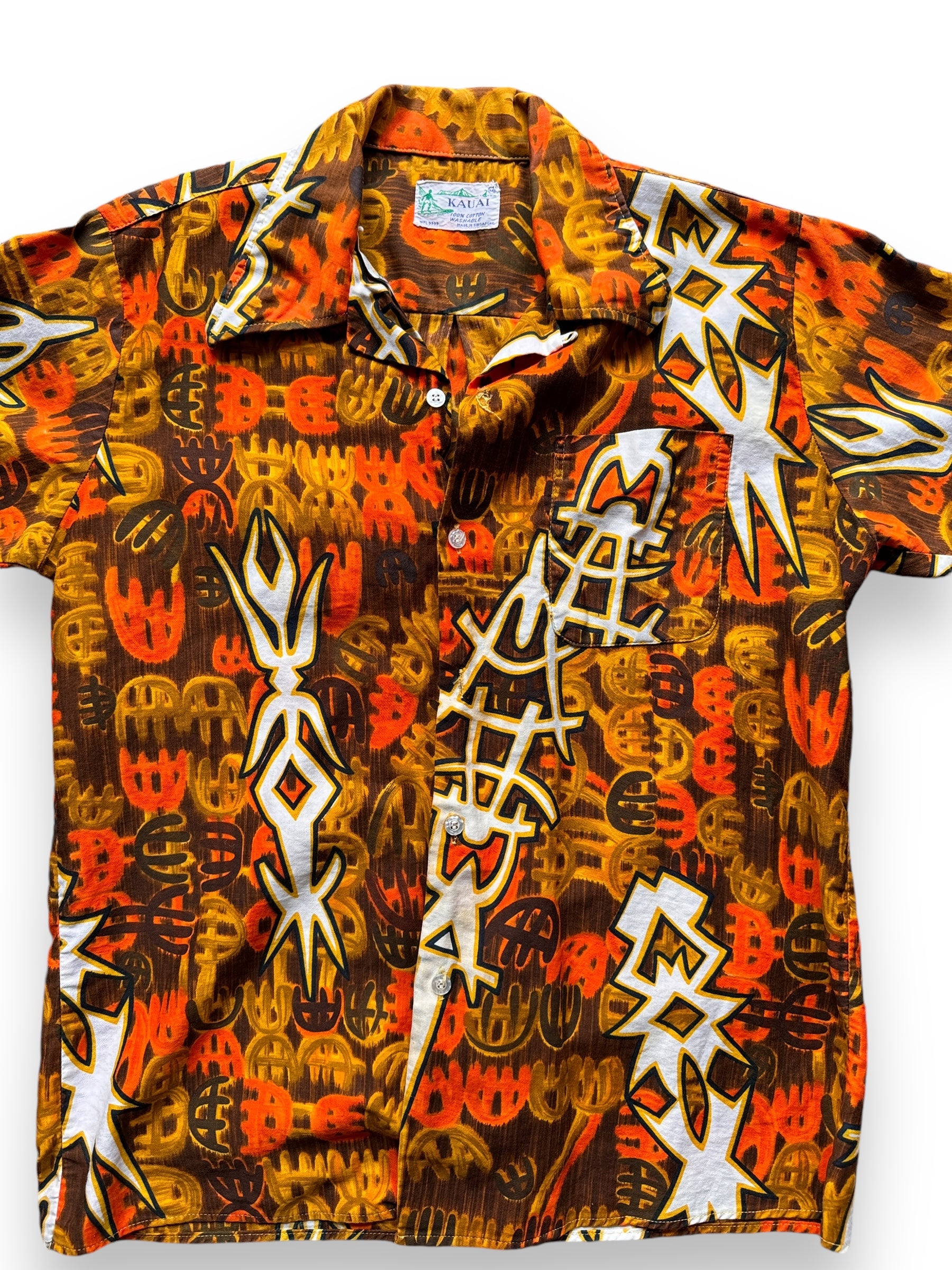 front close up of Vintage Kauai Orange Aloha Shirt SZ M