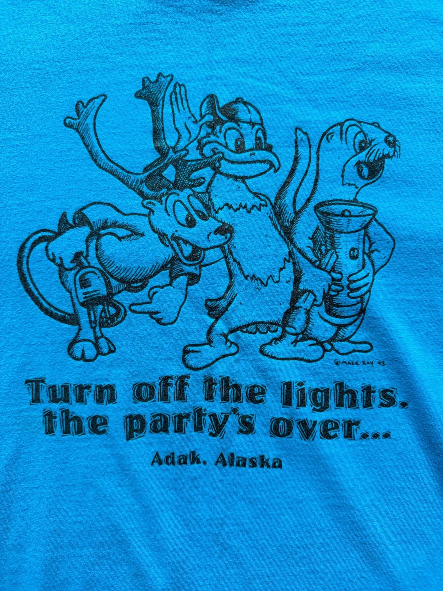 front graphic of Vintage Turn Off the Lights Adak Alaska Tee SZ L