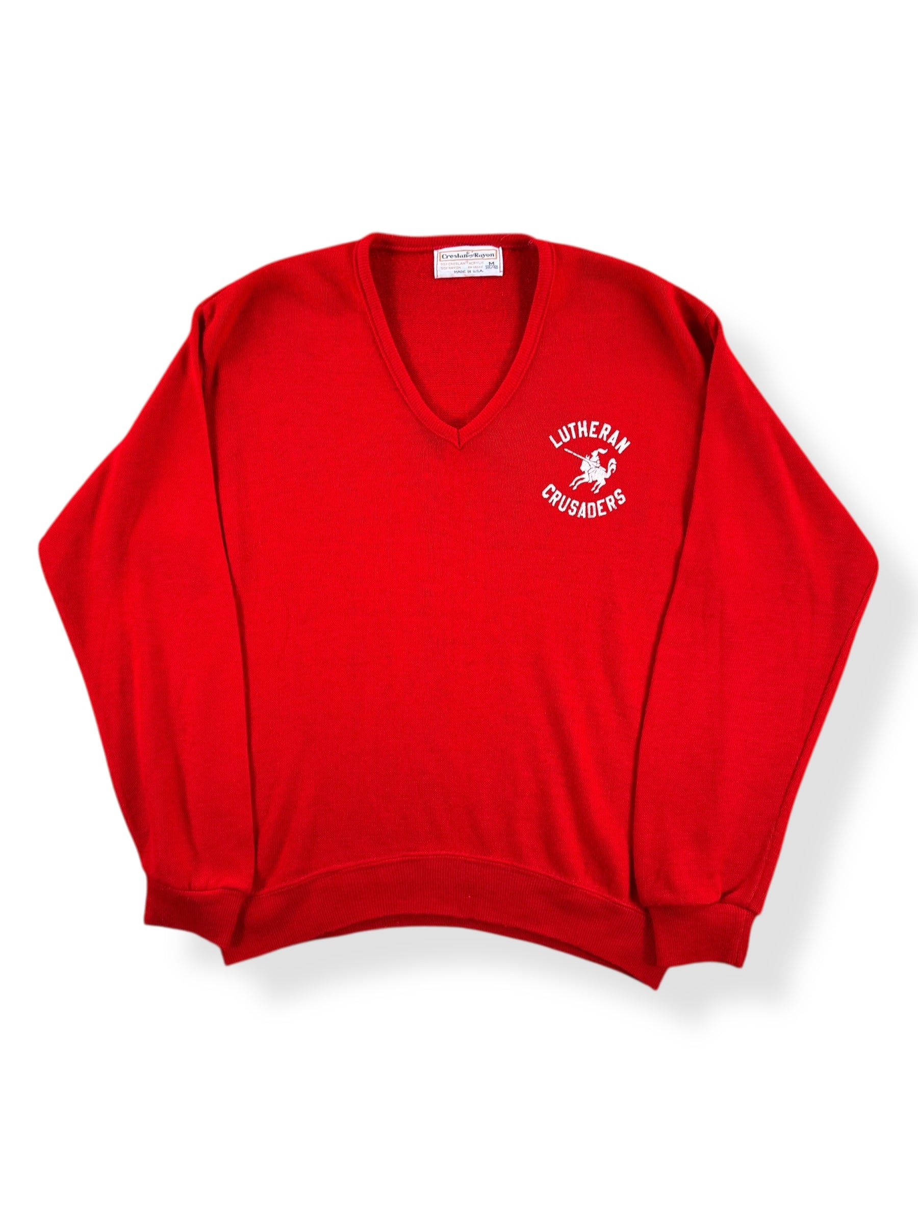 Front of Vintage Lutheran Crusaders V-Neck Sweater SZ M