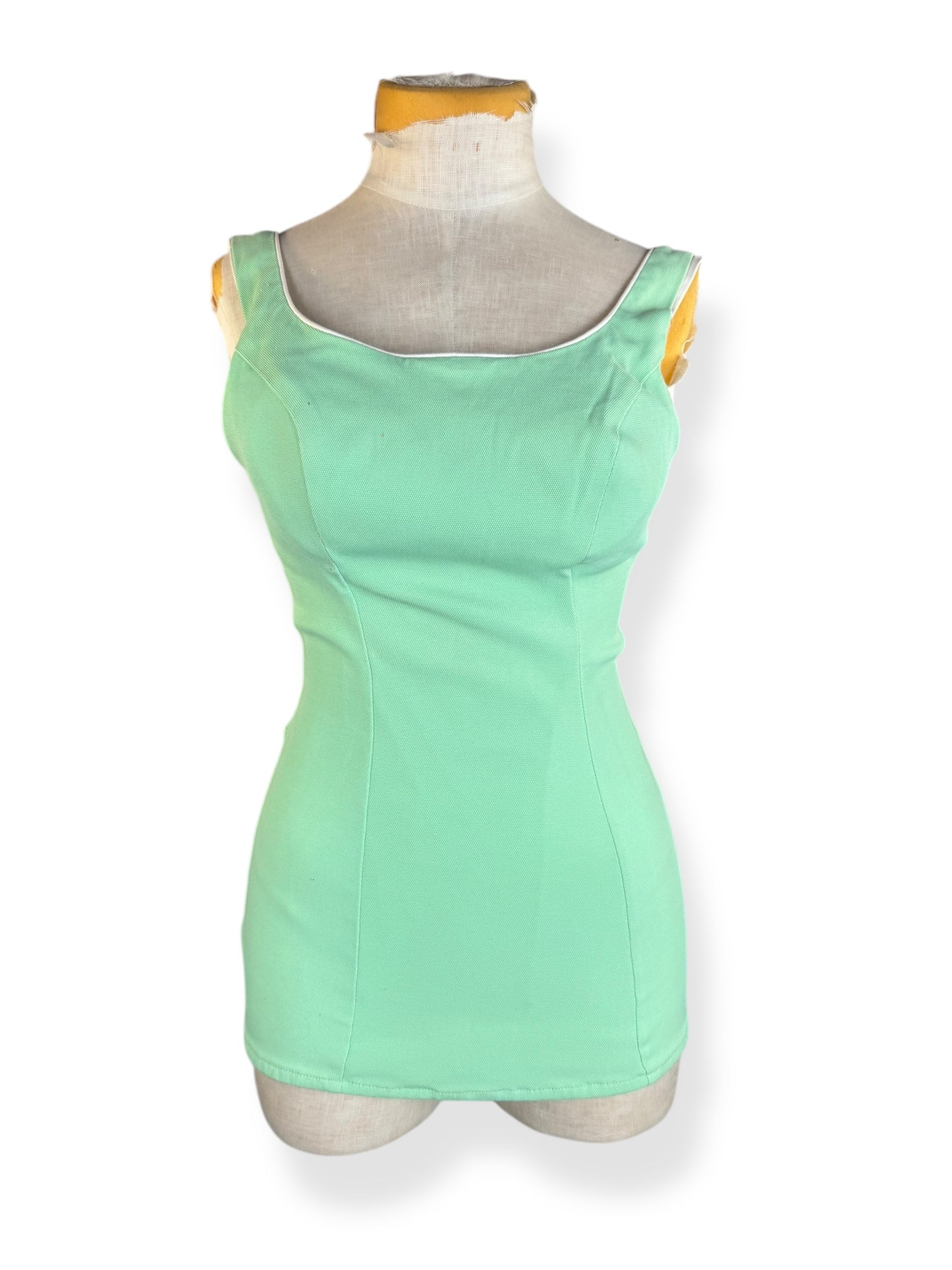 Front view of 1960s Minty Green One Piece Bathing Suit XS-S