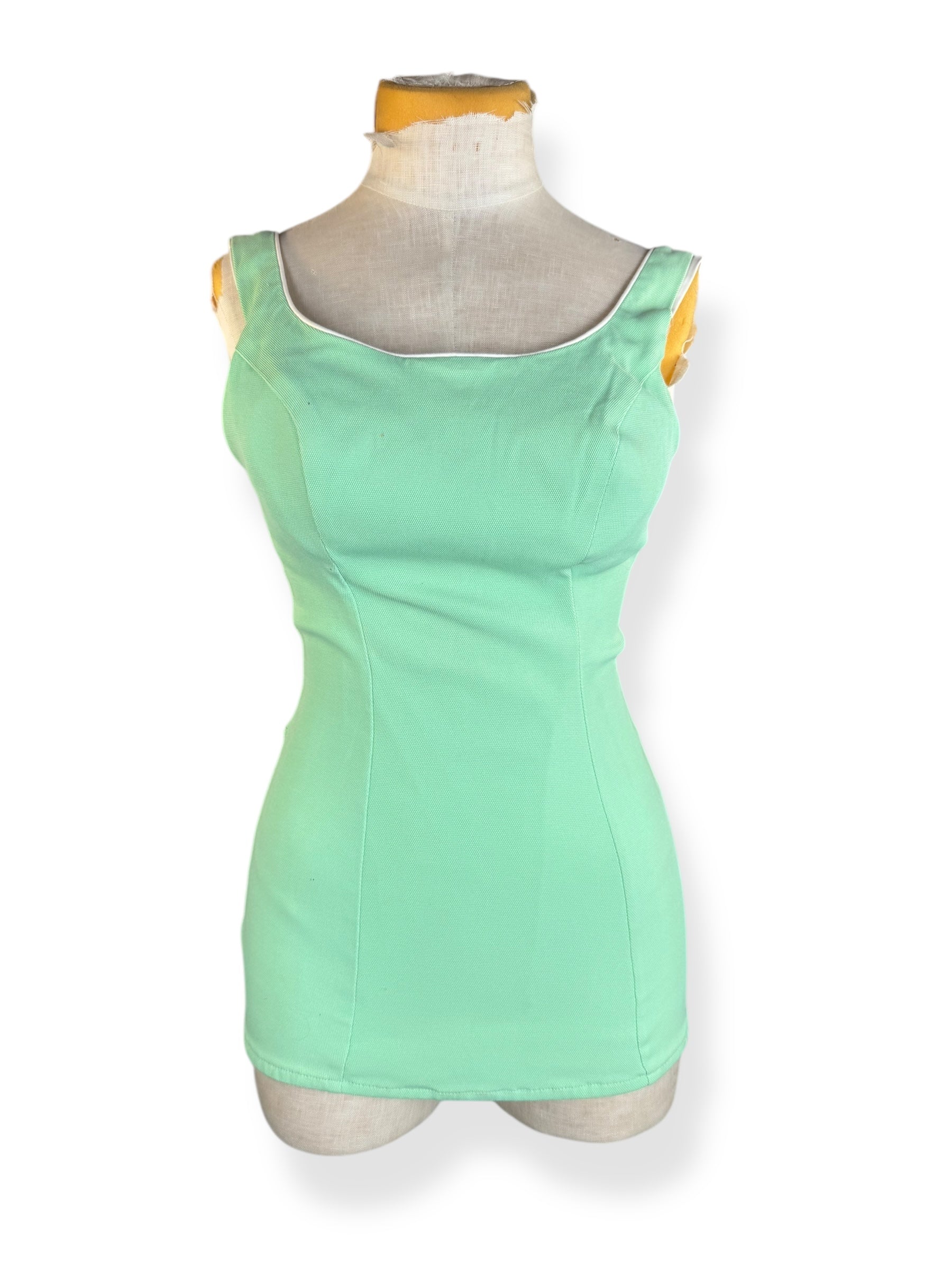 Front view of 1960s Minty Green One Piece Bathing Suit XS-S