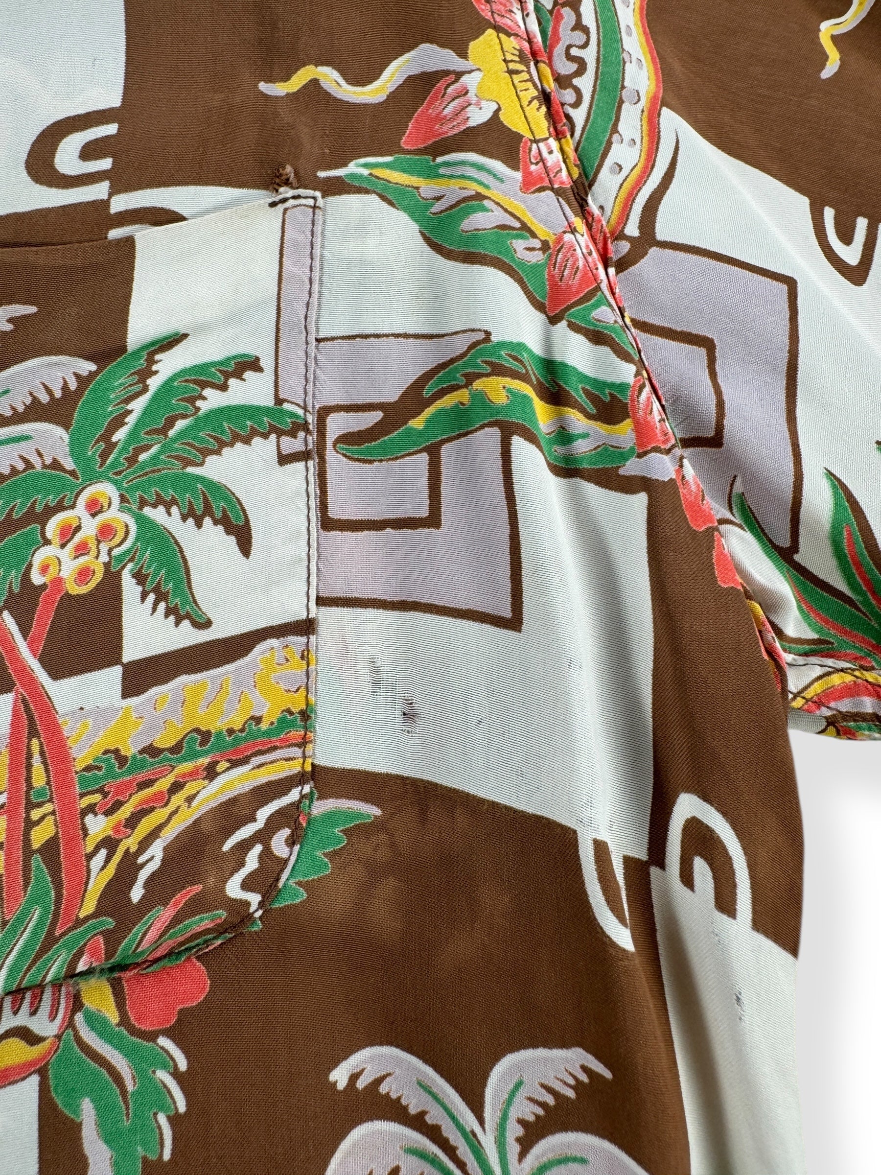 Damage on Vintage Berketowne of Hollywood Aloha Shirt SZ M AS IS