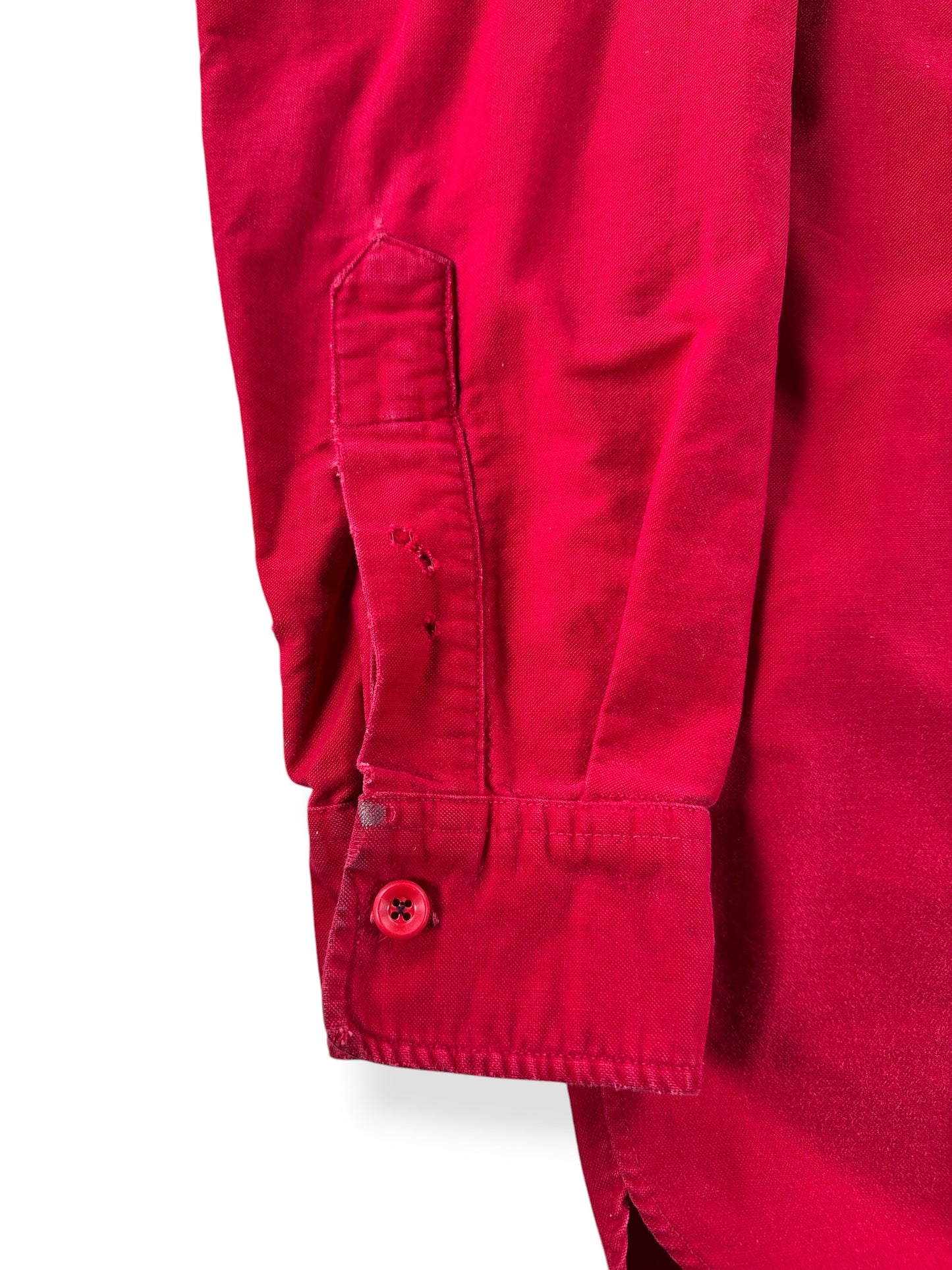 Wear on wrist of Vintage 1960s LL Bean Script Era Chamois Cloth Shirt