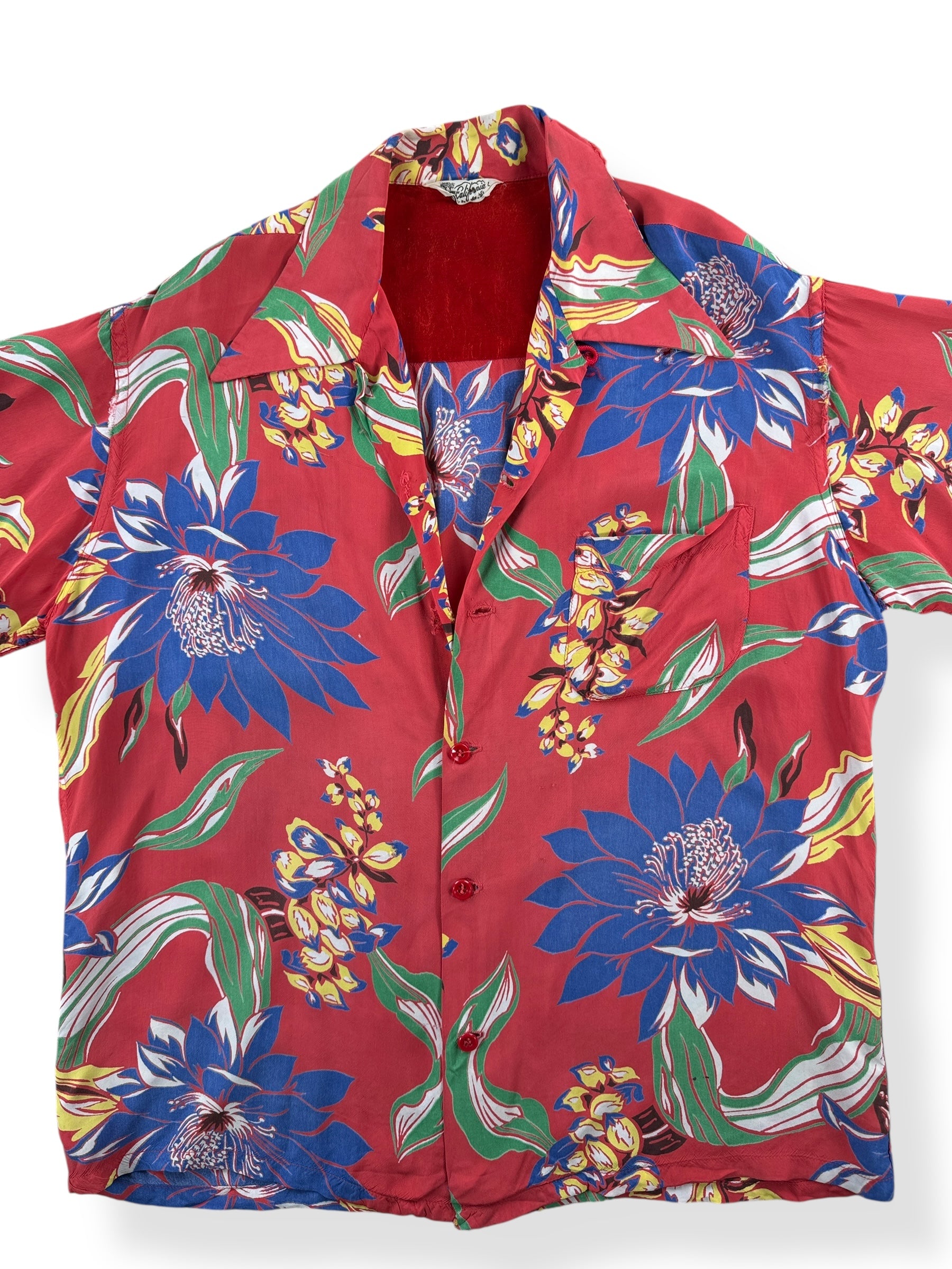 Front Close Up of Vintage Made in California Red Floral Rayon Aloha Shirt SZ M